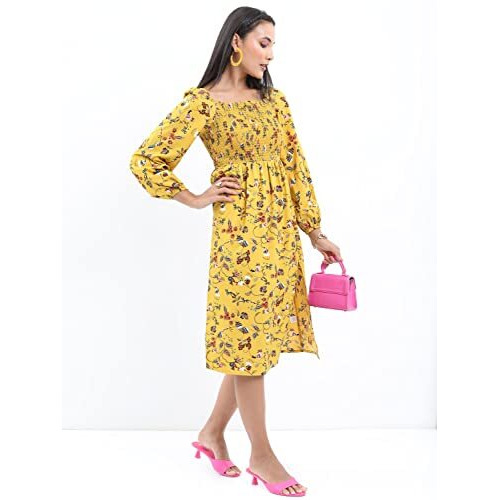 Ketch Women's Polyester Classic Calf Length Casual Dress (Khj6000031 Yellow