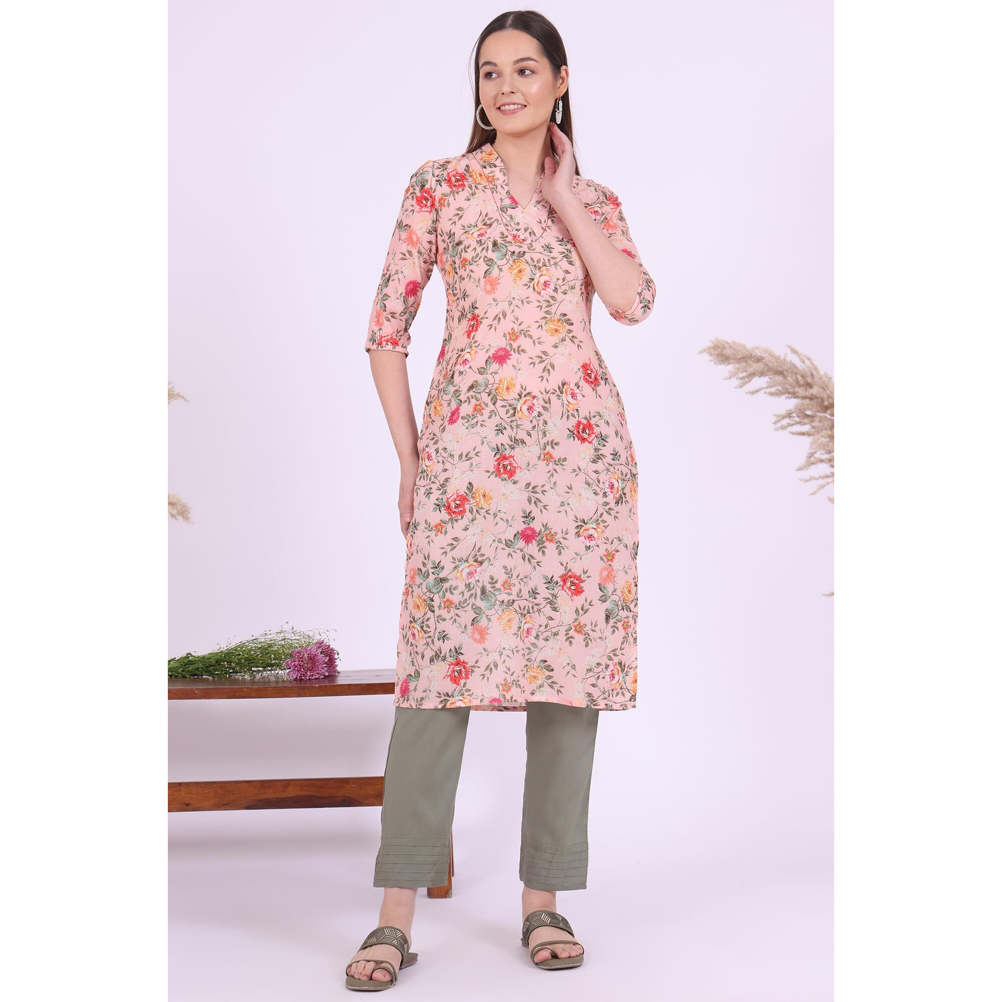 Aurelia Women's Orange Printed Straight Kurta (Size L)-A15563-508787