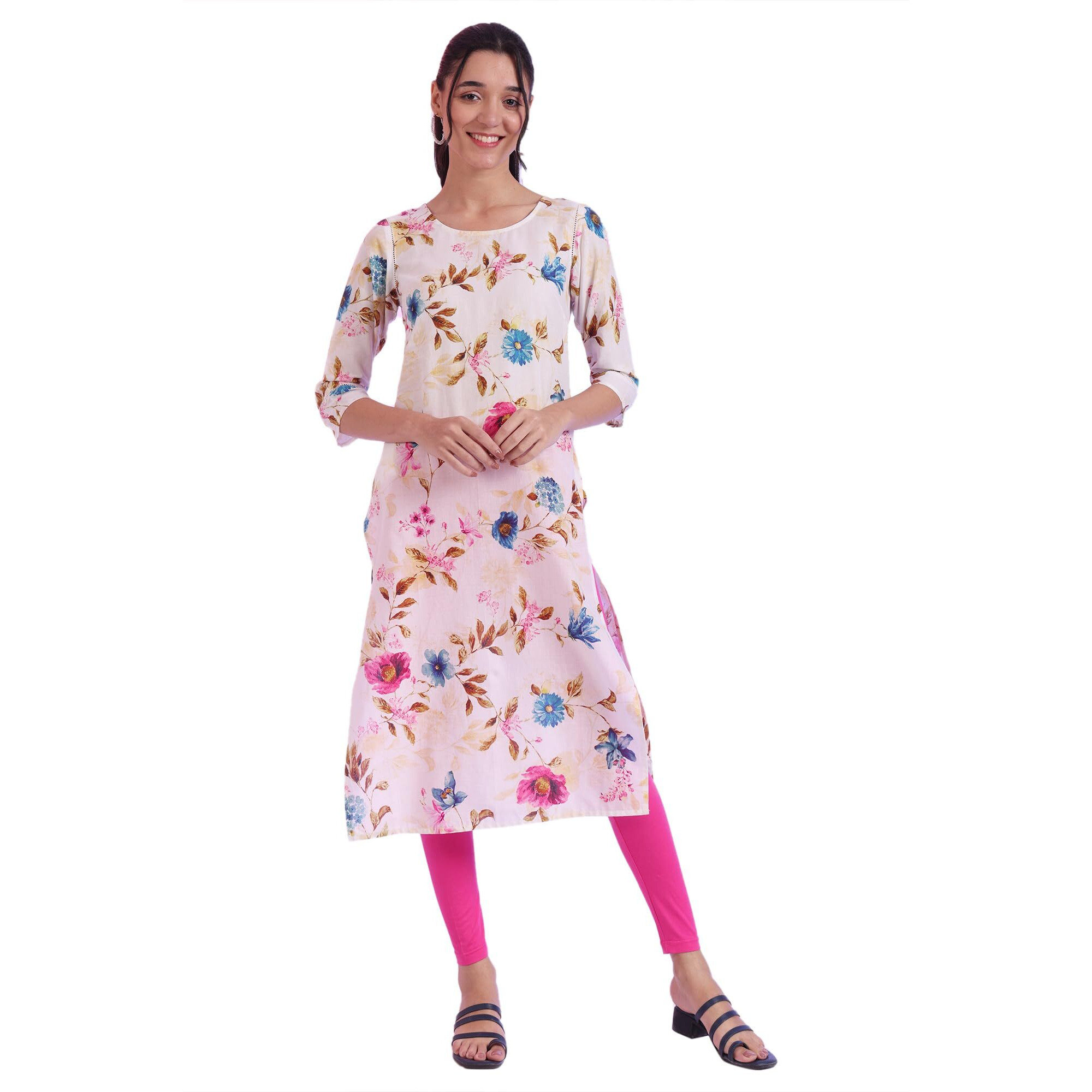 Aurelia Women's White Printed Pure Cotton Straight Kurta (Size M)-A15562-508777