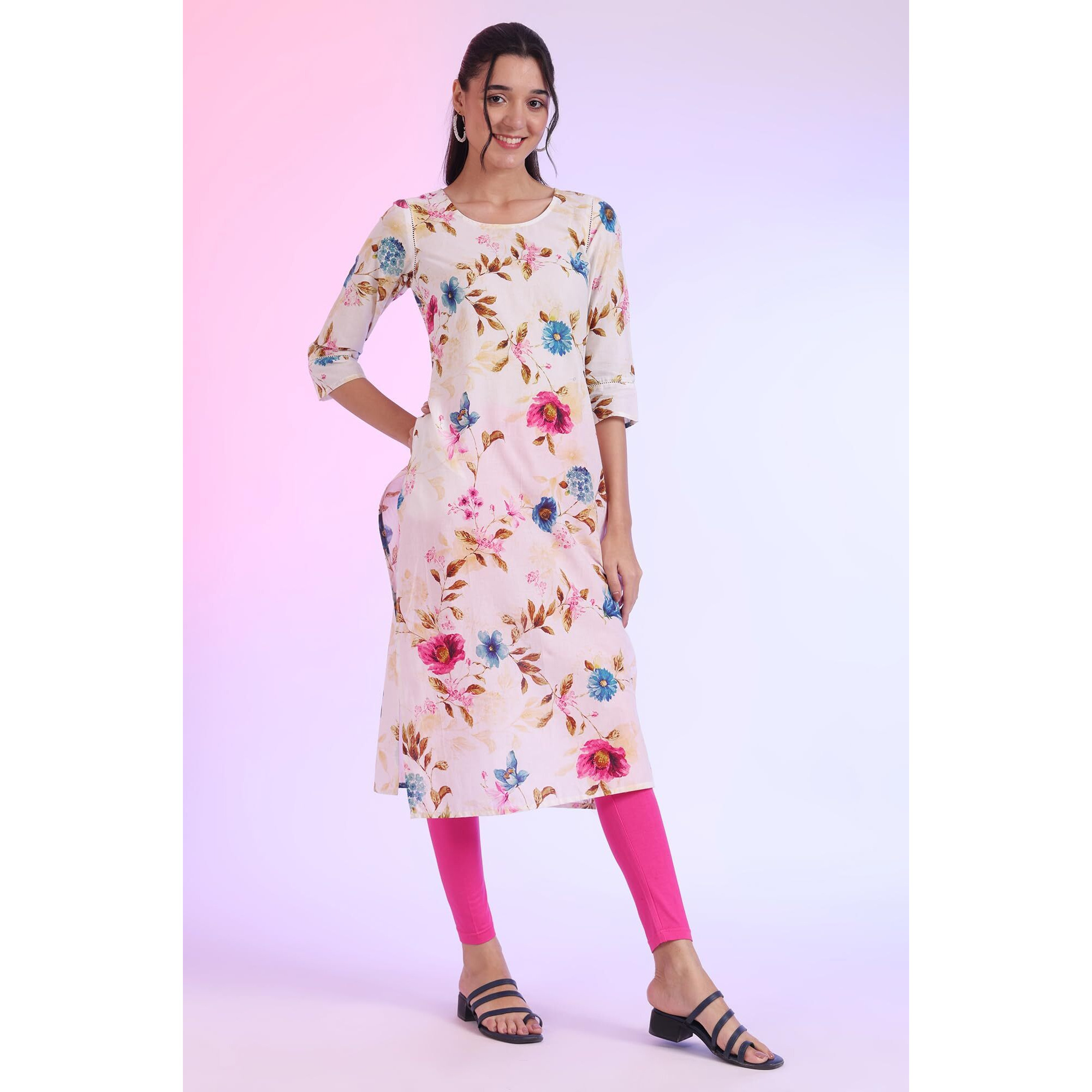 Aurelia Women's White Printed Pure Cotton Straight Kurta (Size M)-A15562-508777