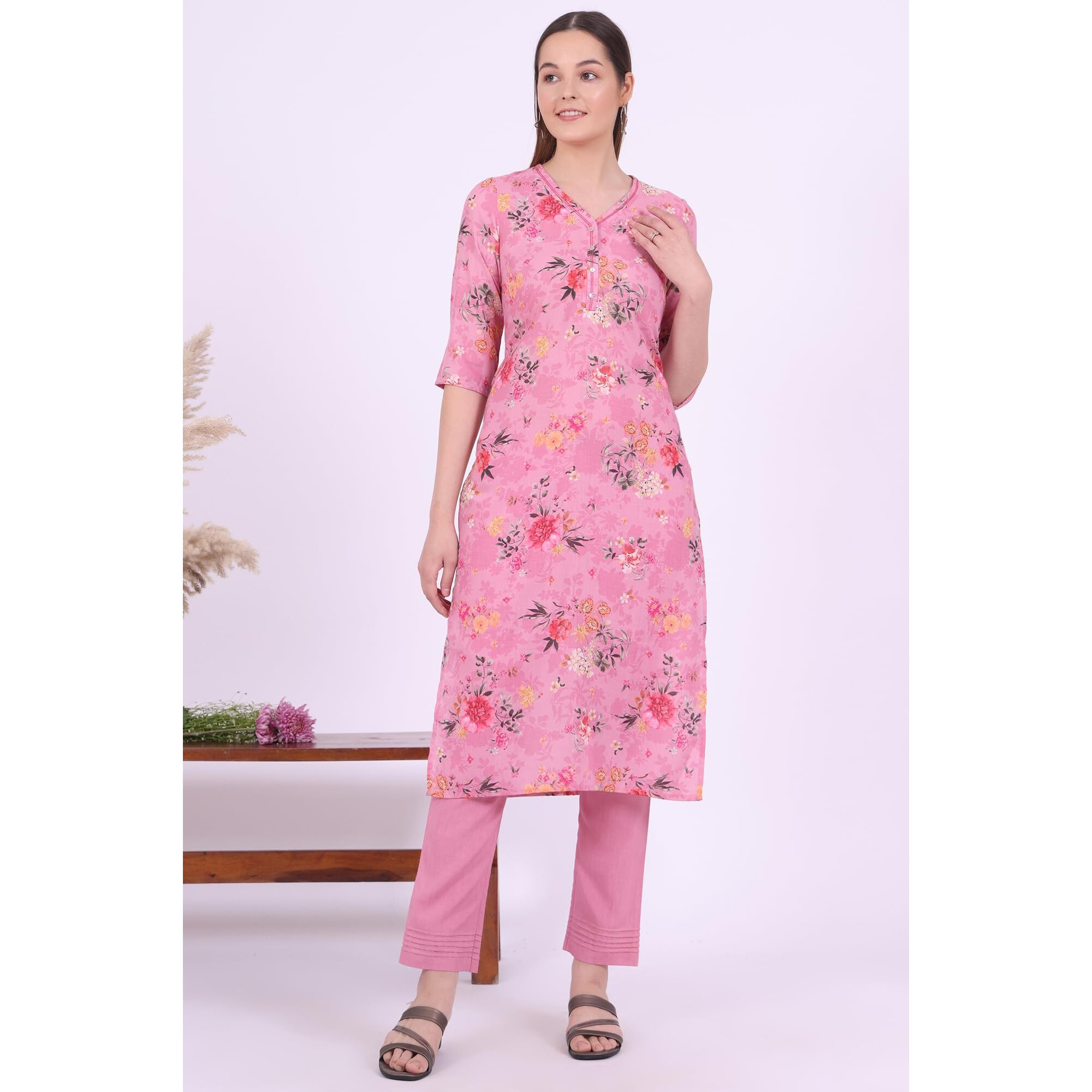 Aurelia Women's Pink Printed Straight Kurta (Size 2Xl)-A15699-508783