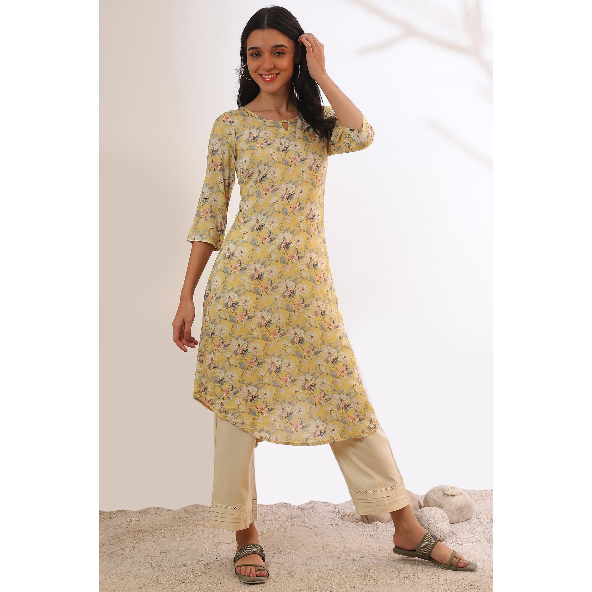 Aurelia Women's Yellow Printed A-Line Kurta (Size Xl)-A15591-508942