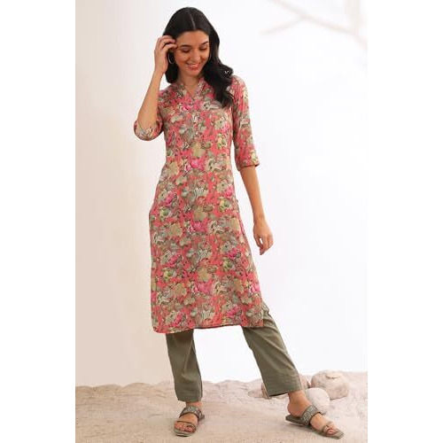 Aurelia Women's Pink Floral Printed Modal Straight Kurta (Size M)-A15698-508944
