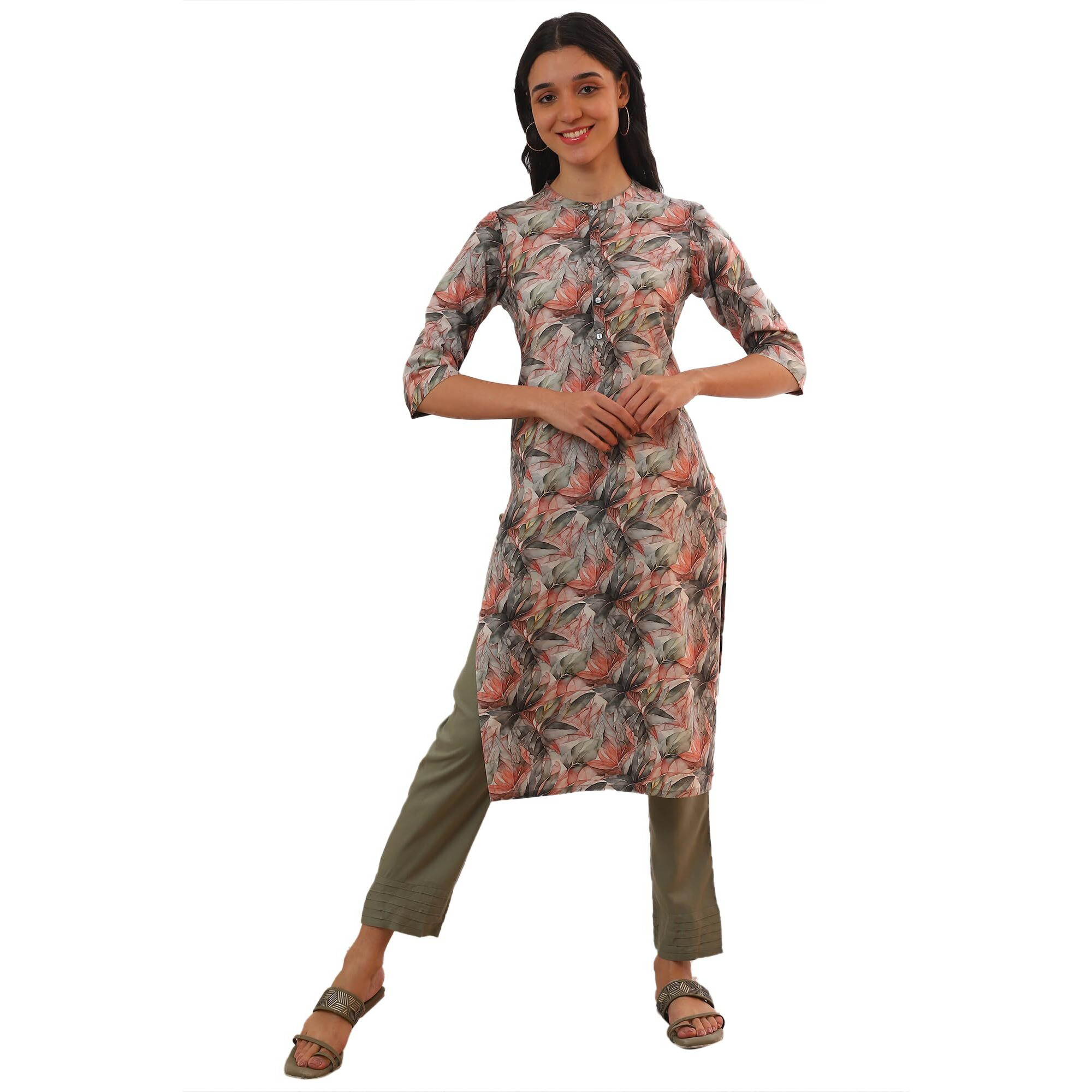 Aurelia Women's Green Printed Pure Cotton Straight Kurta (Size M)-A15697-508948