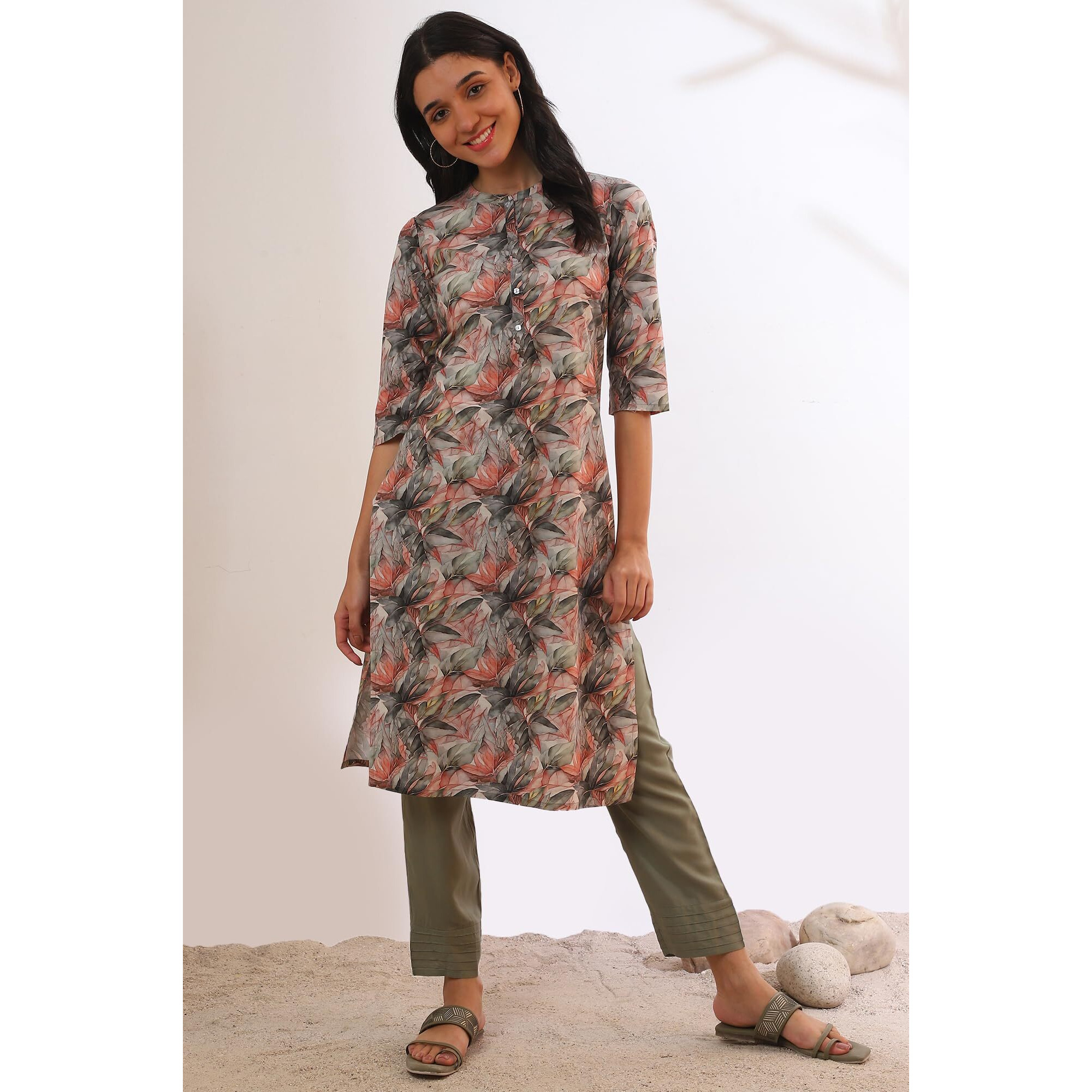 Aurelia Women's Green Printed Pure Cotton Straight Kurta (Size M)-A15697-508948