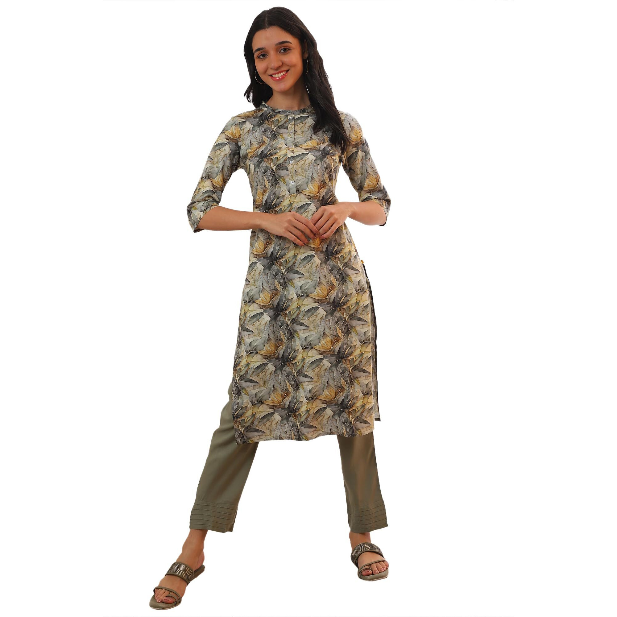Aurelia Women's Grey Printed Pure Cotton Straight Kurta (Size M)-A15697-508949