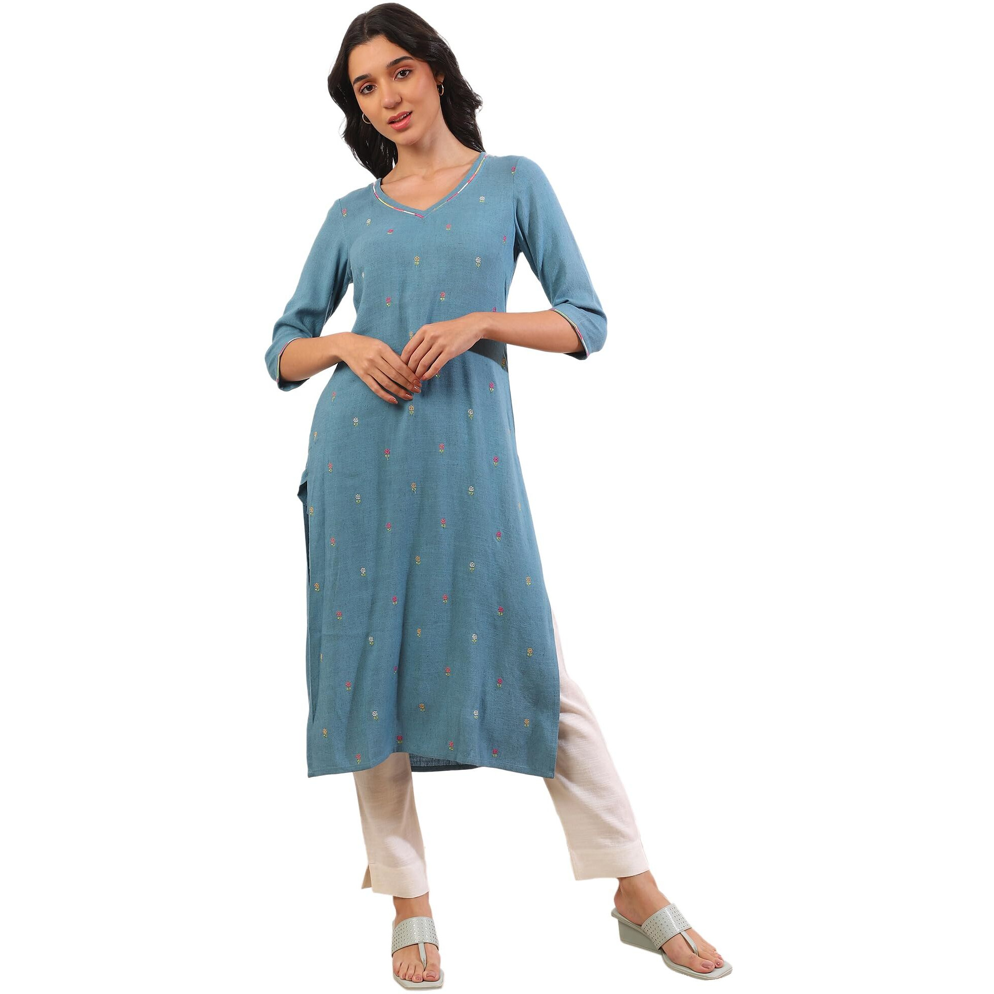 Aurelia Women's Blue Yarn Dyed Pure Cotton Straight Kurta (Size S)-A15533-705564