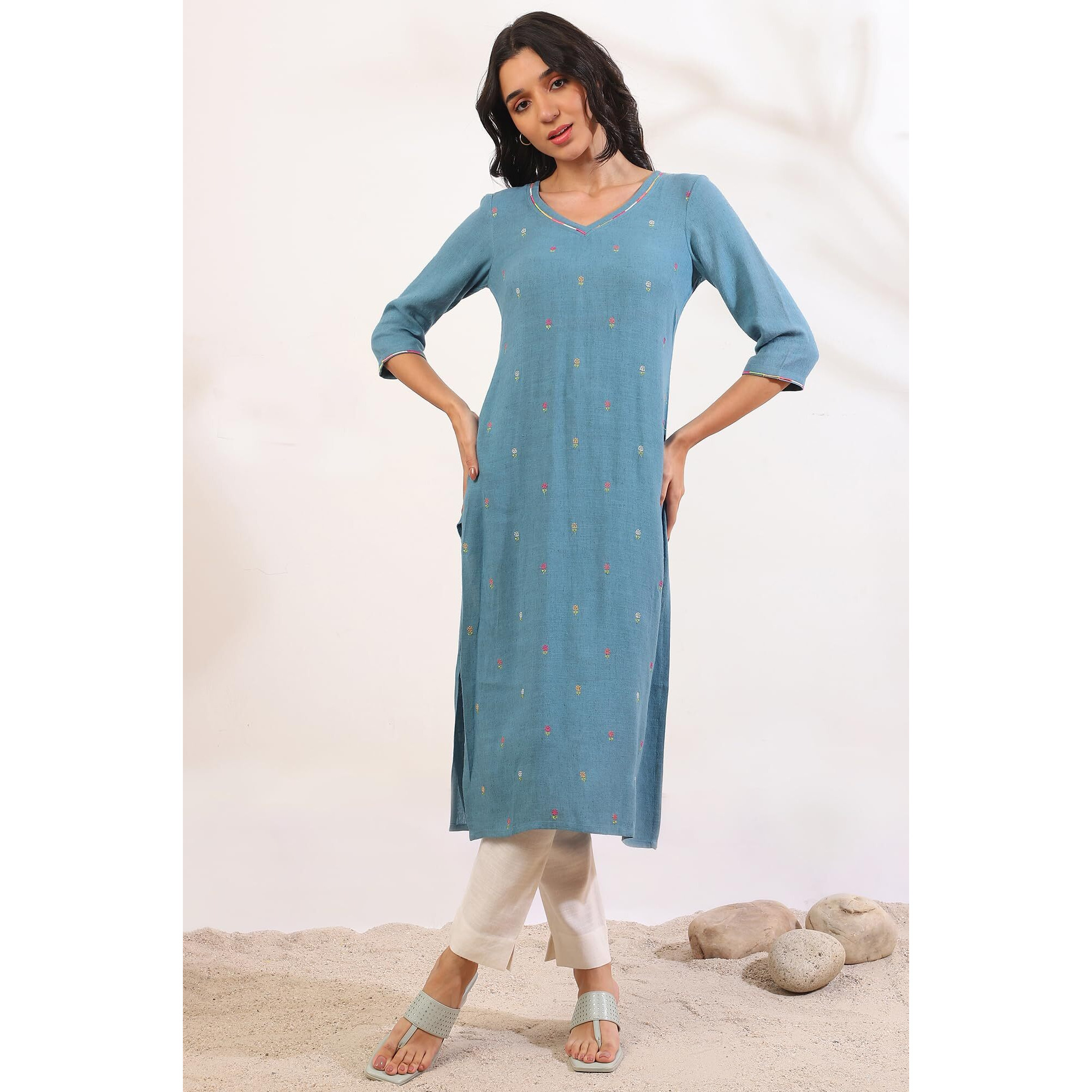 Aurelia Women's Blue Yarn Dyed Pure Cotton Straight Kurta (Size S)-A15533-705564