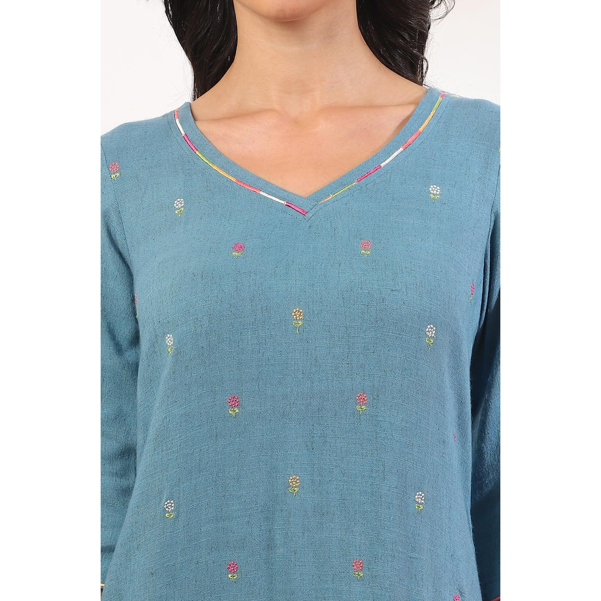 Aurelia Women's Blue Yarn Dyed Pure Cotton Straight Kurta (Size S)-A15533-705564