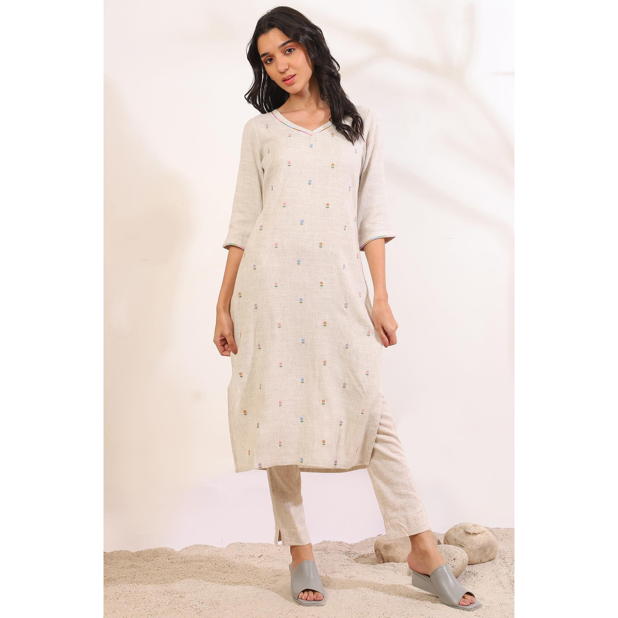 Aurelia Women's Nude Printed Zari Rayon Flax Straight Kurta (Size L)-A15533-705579