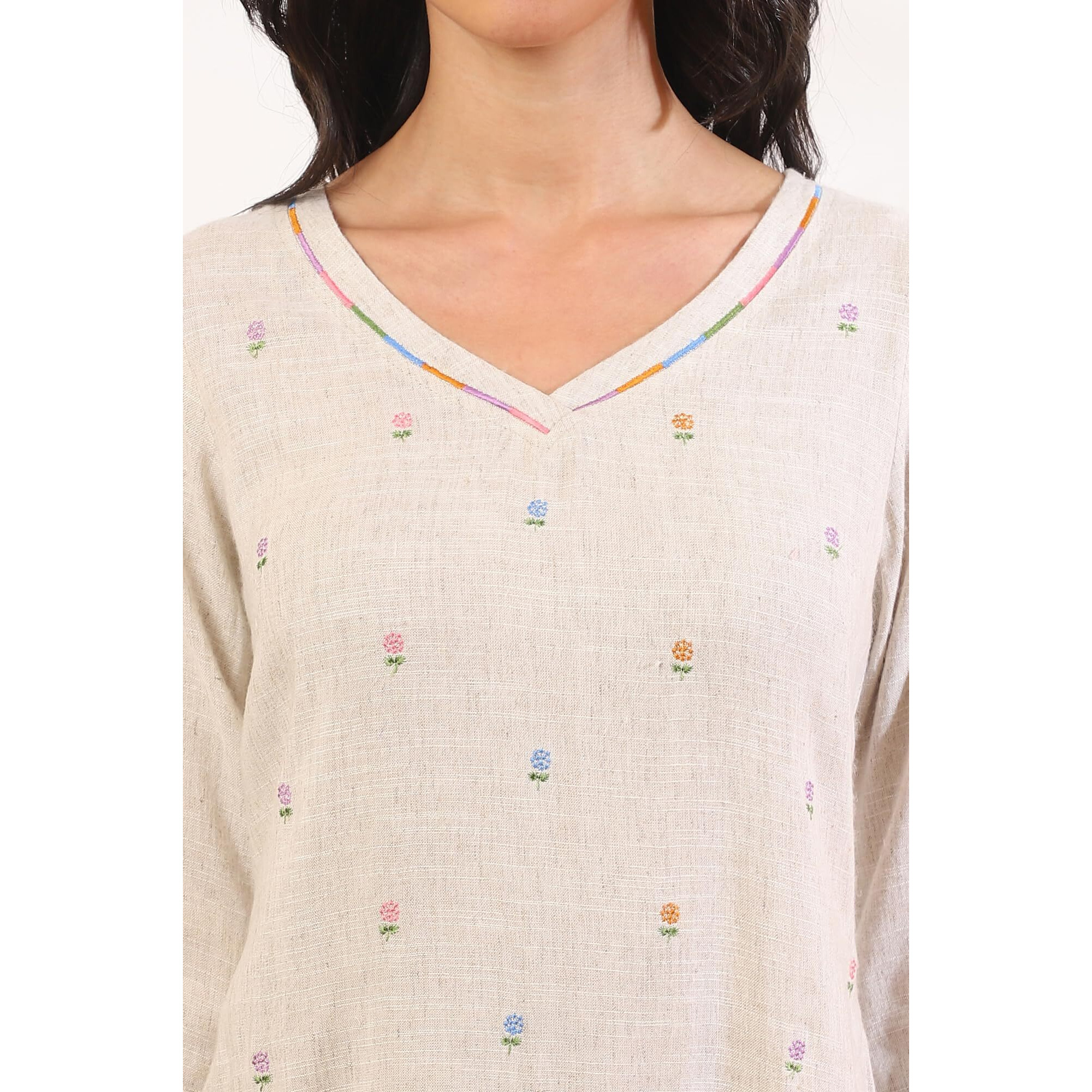 Aurelia Women's Nude Printed Zari Rayon Flax Straight Kurta (Size L)-A15533-705579