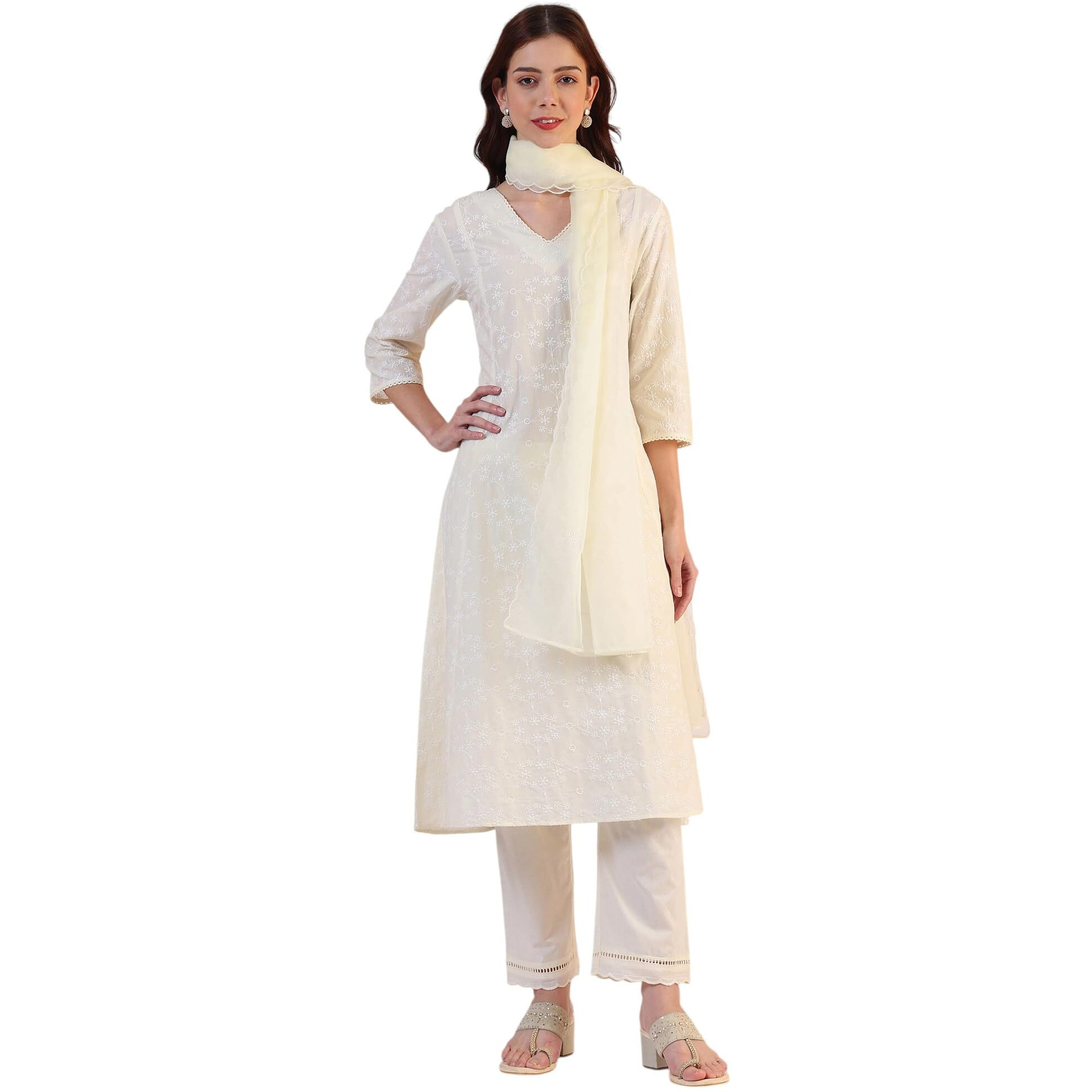 W For Woman Embroidered Lace Straight Pure Cotton Kurta & Straight Pant With Dupatta Set (Size L)-Ws12323-400790