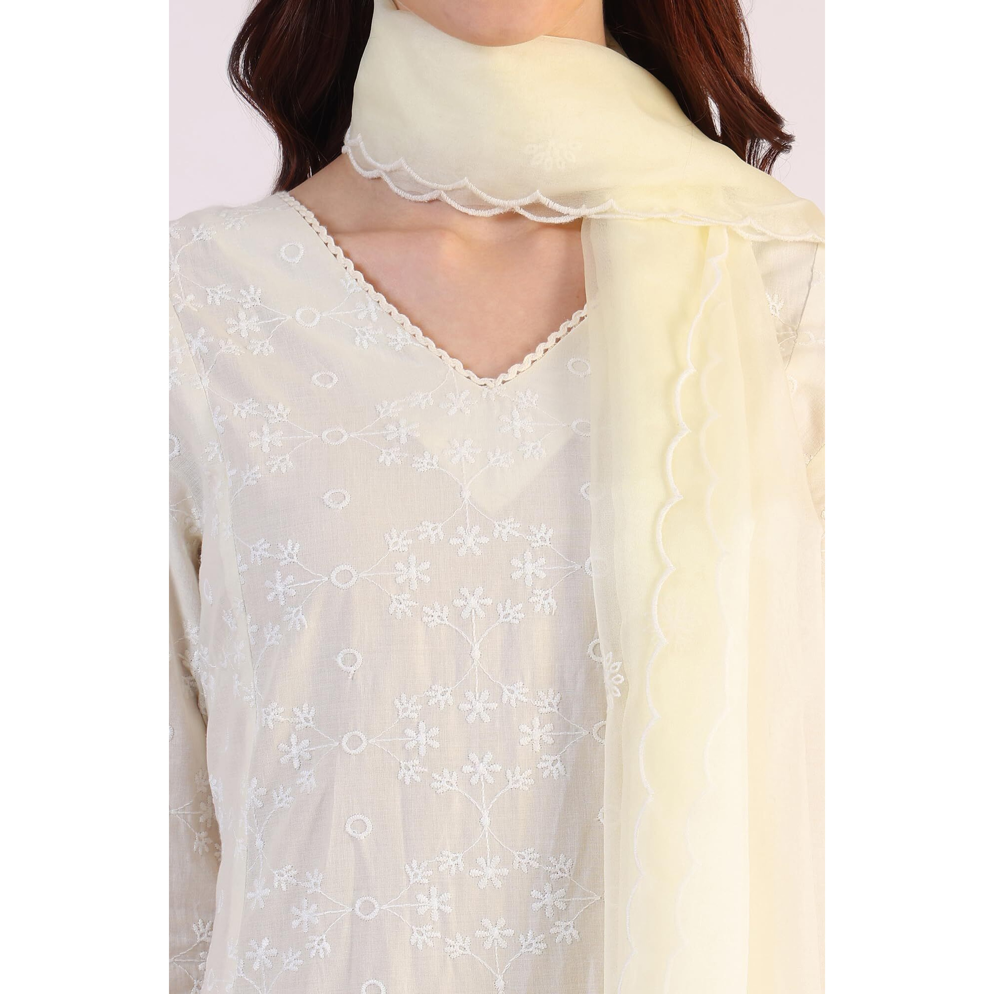 W For Woman Embroidered Lace Straight Pure Cotton Kurta & Straight Pant With Dupatta Set (Size L)-Ws12323-400790