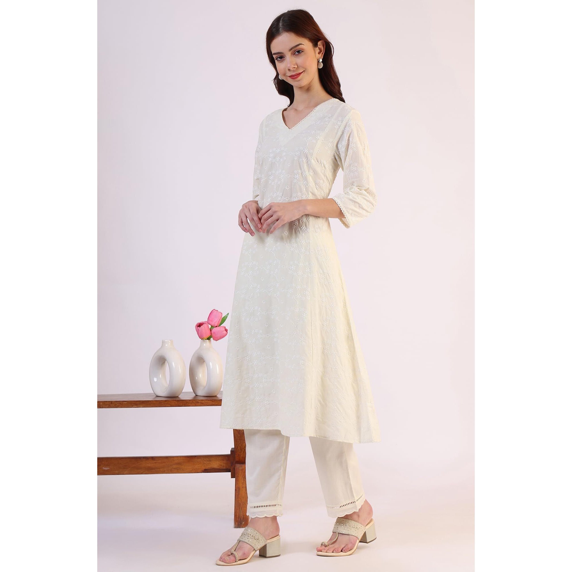 W For Woman Embroidered Lace Straight Pure Cotton Kurta & Straight Pant With Dupatta Set (Size L)-Ws12323-400790