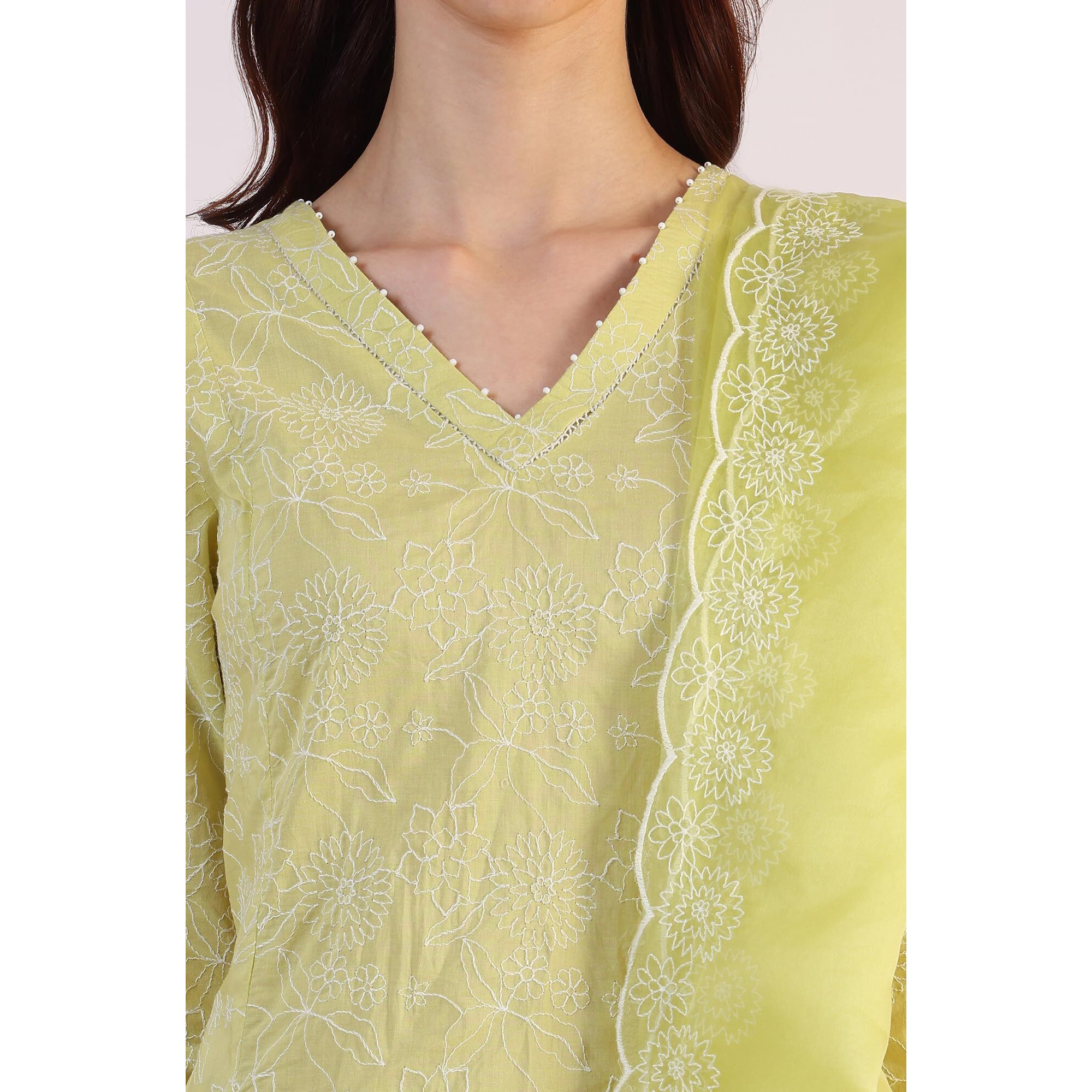 W For Woman Embroidered Lace Flared Pure Cotton Kurta & Straight Pant With Dupatta Set (Size Xs)-Ws12324-400783