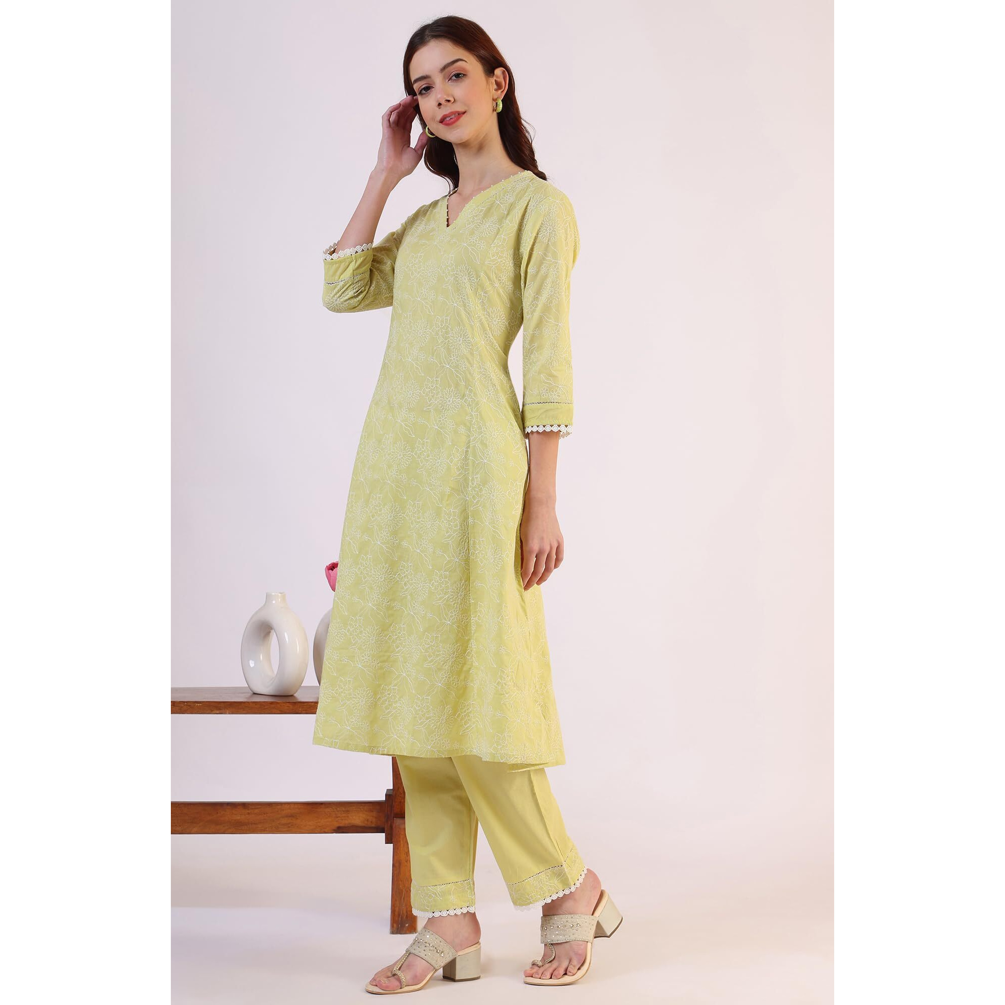 W For Woman Embroidered Lace Flared Pure Cotton Kurta & Straight Pant With Dupatta Set (Size Xs)-Ws12324-400783
