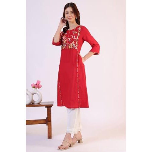 W For Woman Solid A-Line Rayon Kurta (Size M)-W11607-222339 Crimson Red