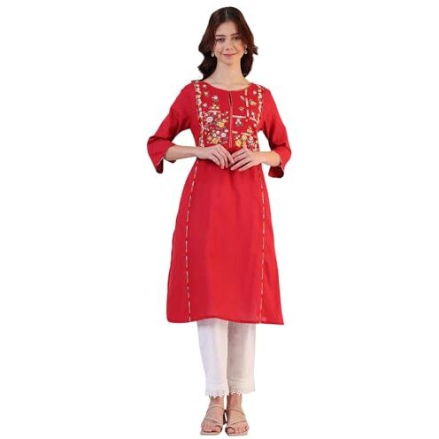 W For Woman Solid A-Line Rayon Kurta (Size L)-W11607-222339 Crimson Red