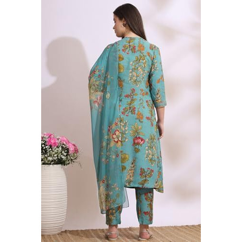 W For Woman Reef Blue Floral Printed Modal Straight Kurta, Pants And Dupatta Set (Size L)-Ws11612-124286