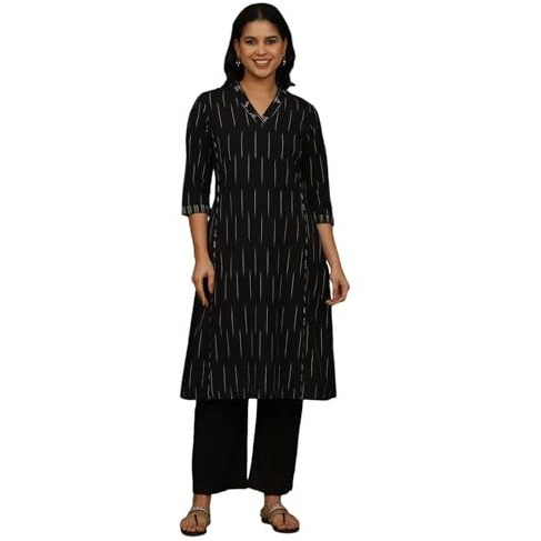 W For Woman Black Yarn Dyed Floral Embroidered Pure Cotton Straight Kurta (Size S)-W12274-124267