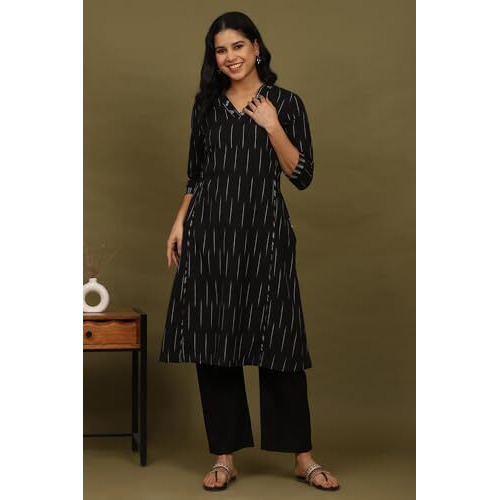 W For Woman Black Yarn Dyed Floral Embroidered Pure Cotton Straight Kurta (Size S)-W12274-124267