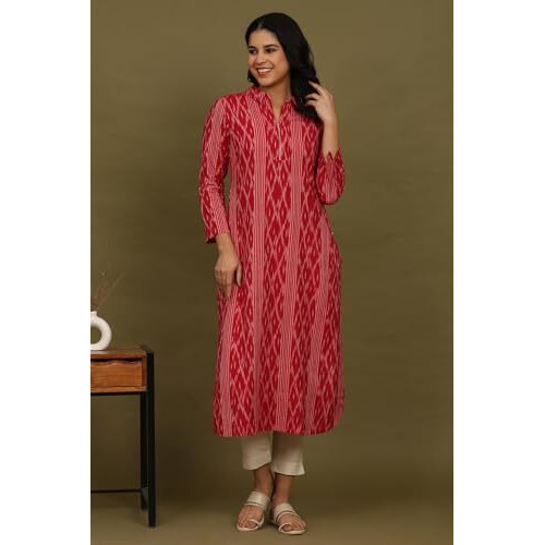 W For Woman Red Ikat Yarn Dyed Pure Cotton Shirt Collar Sleeveless Kurta (Size L)-W12278-314172