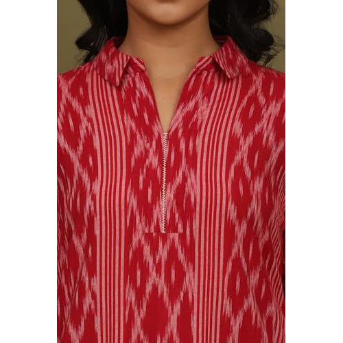 W For Woman Red Ikat Yarn Dyed Pure Cotton Shirt Collar Sleeveless Kurta (Size L)-W12278-314172