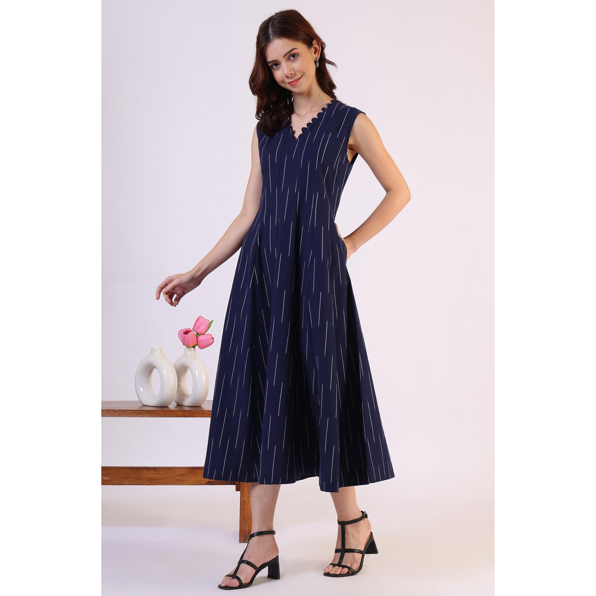 W For Woman Dyed Flared Pure Cotton Dress (Size M)-W12449-314198 Navy Blue