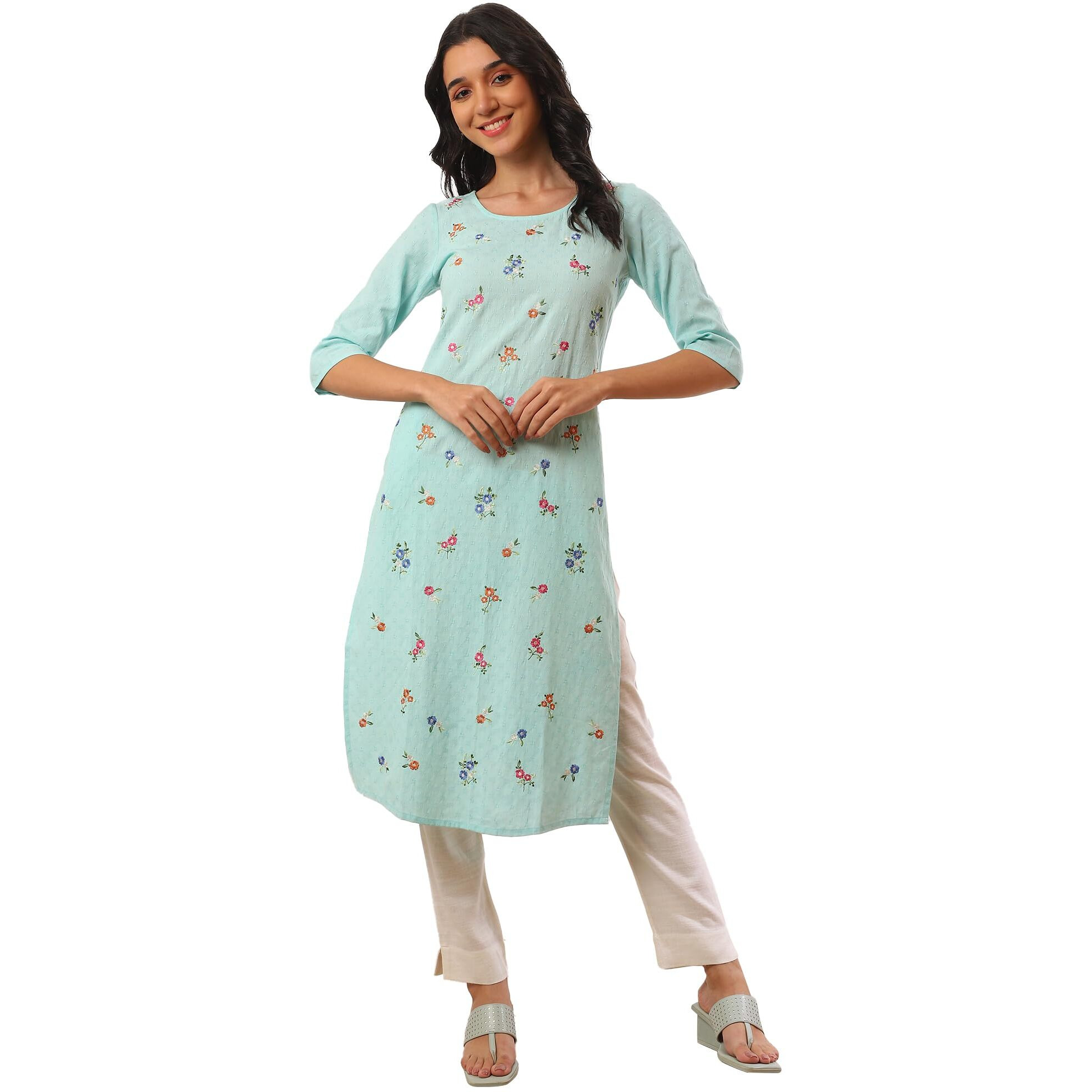 Aurelia Women's Blue Solid Zari Pure Cotton Straight Kurta (Size M)-A15532-608238