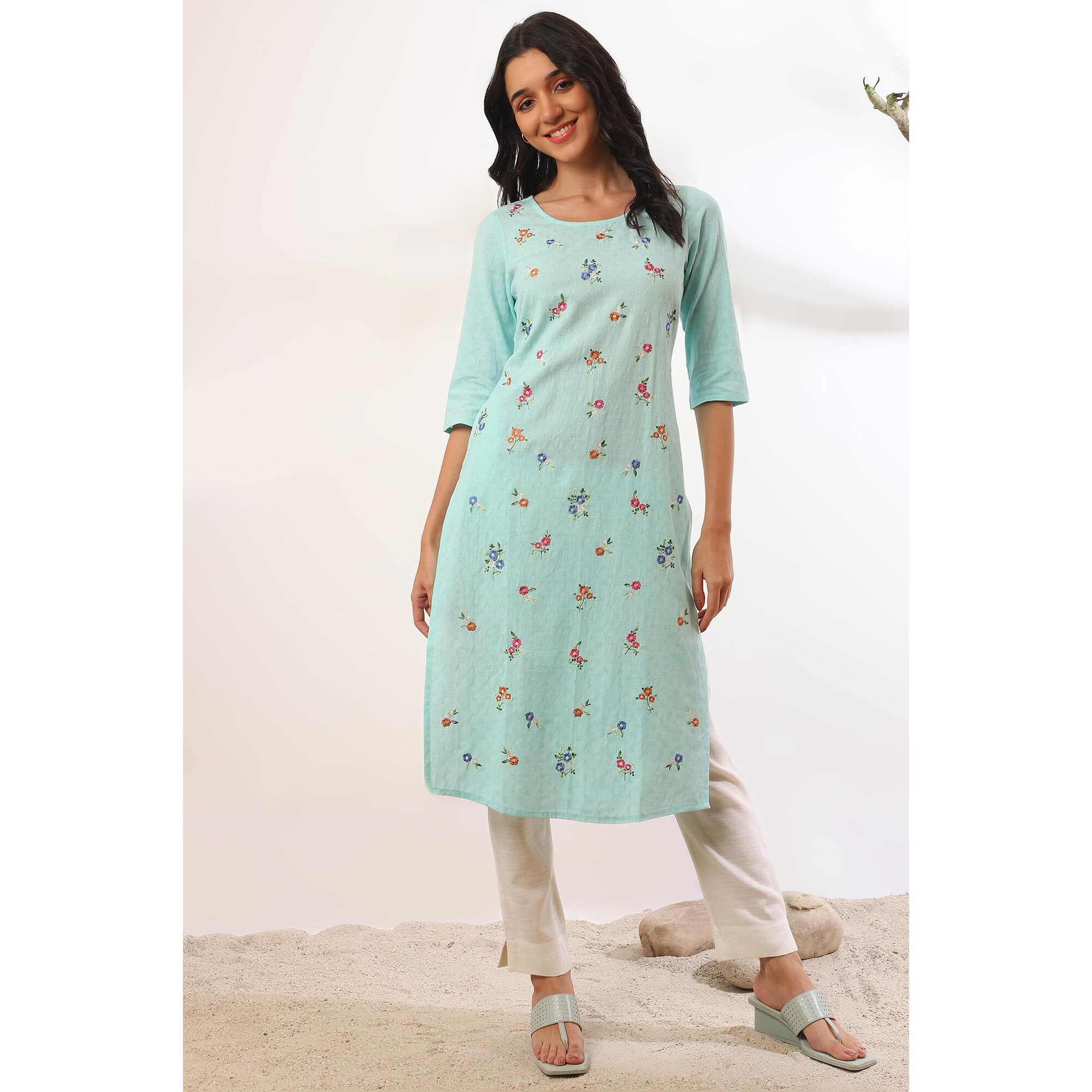 Aurelia Women's Blue Solid Zari Pure Cotton Straight Kurta (Size M)-A15532-608238