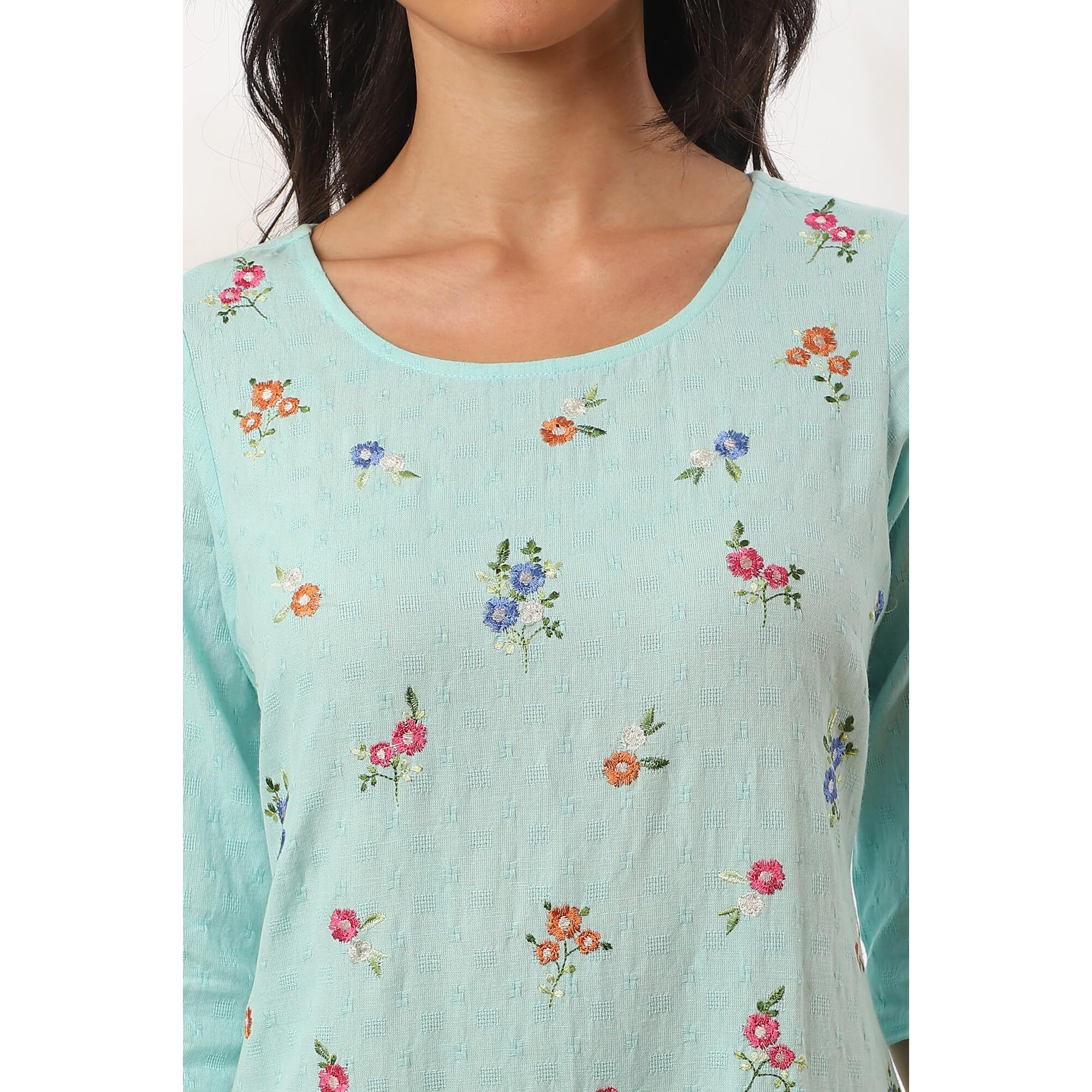 Aurelia Women's Blue Solid Zari Pure Cotton Straight Kurta (Size M)-A15532-608238