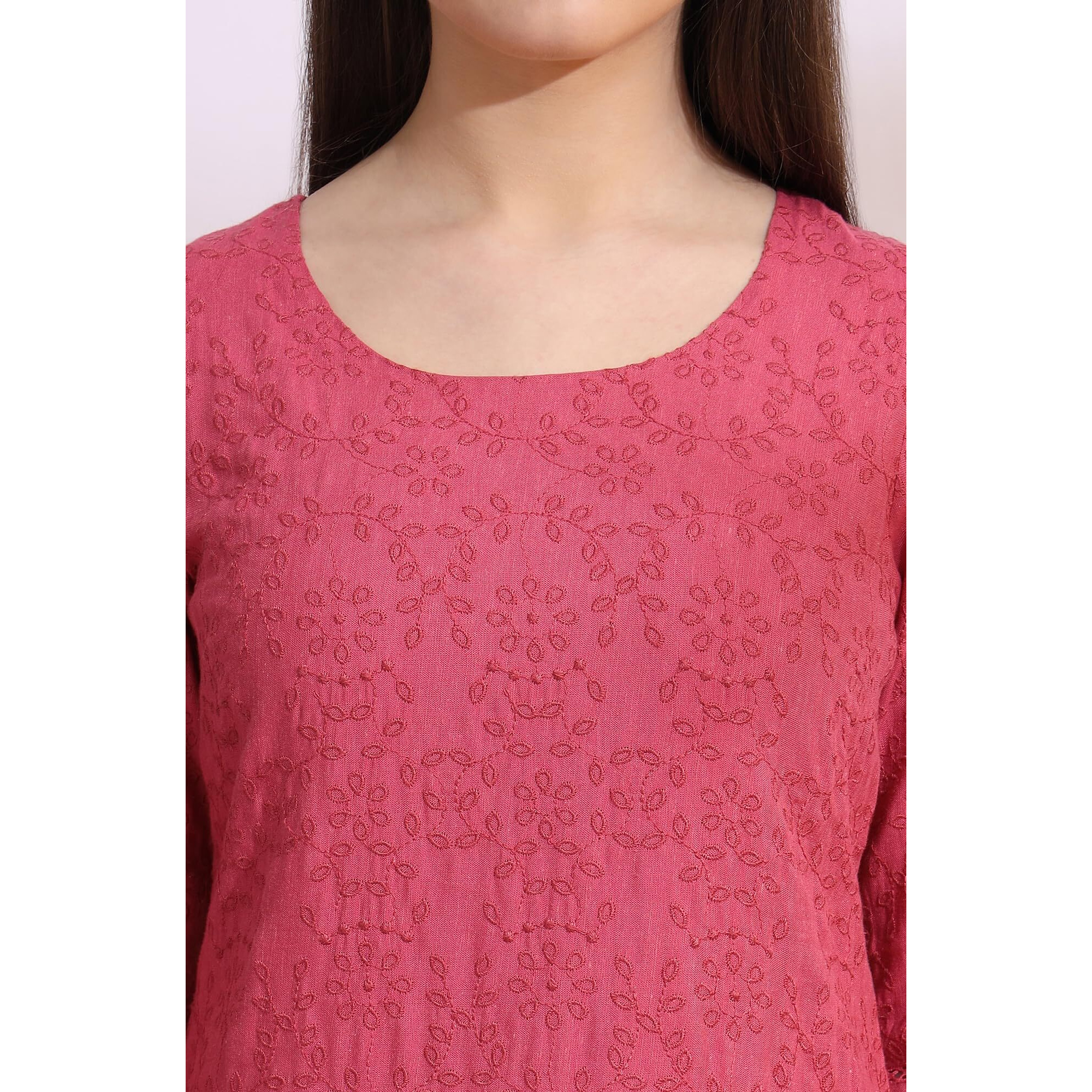 W For Woman Pink Floral Schiffli Embroidered Straight Kurta In Round Neck (Size M)-W12322-400799