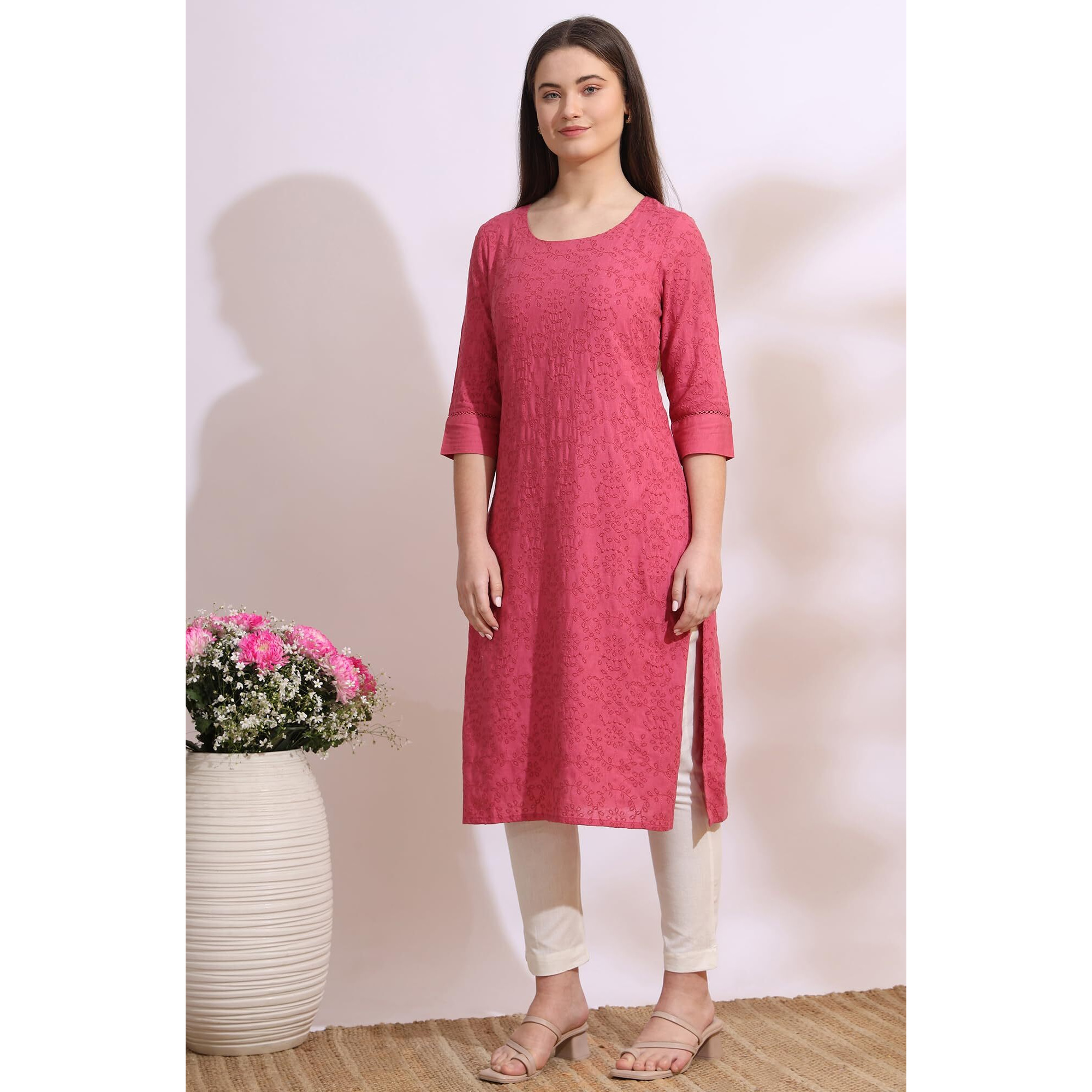 W For Woman Pink Floral Schiffli Embroidered Straight Kurta In Round Neck (Size M)-W12322-400799