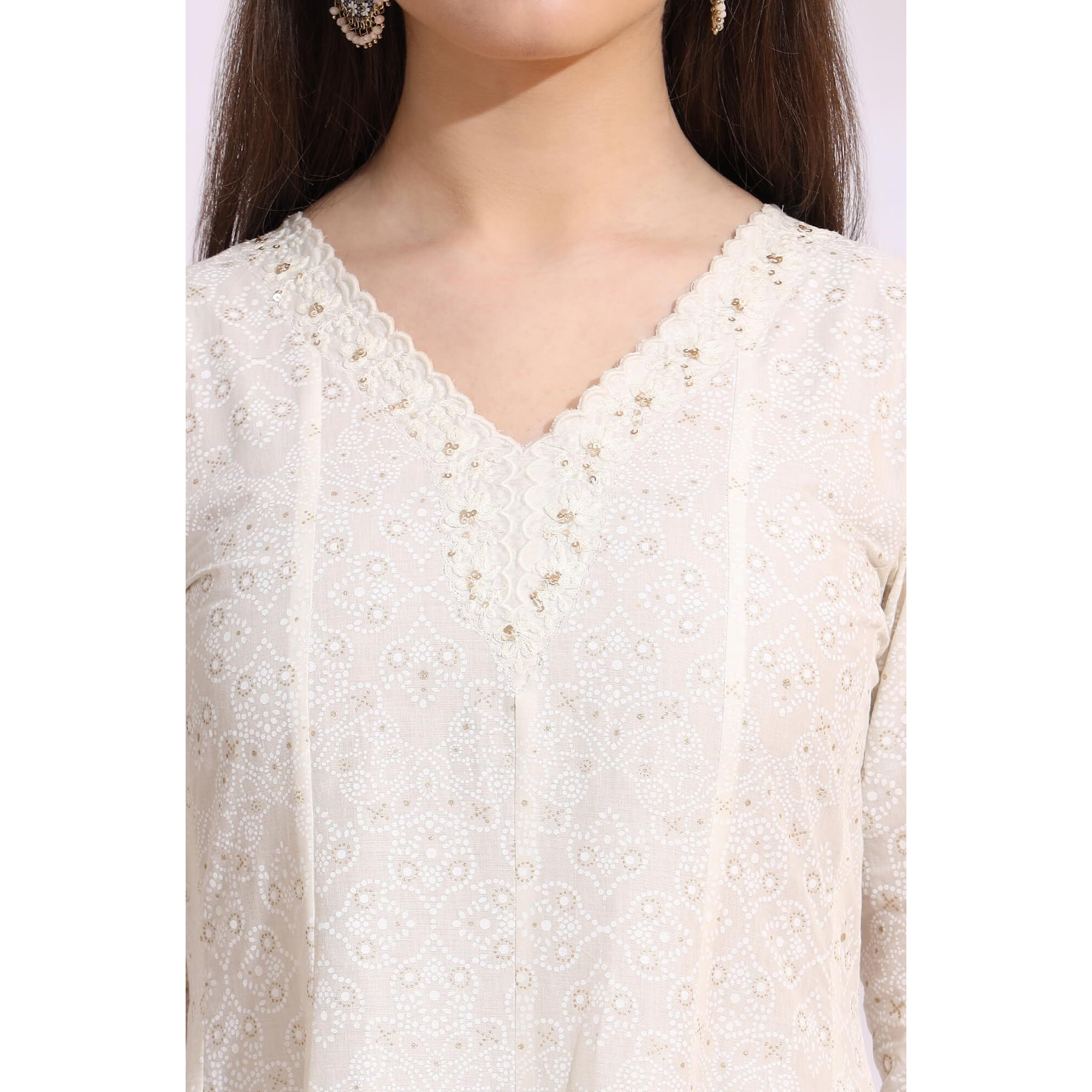 W For Woman White Glitter Printed Pure Cotton Anarkali Kurta With Embroidery (Size 3Xl)-W12342-125234