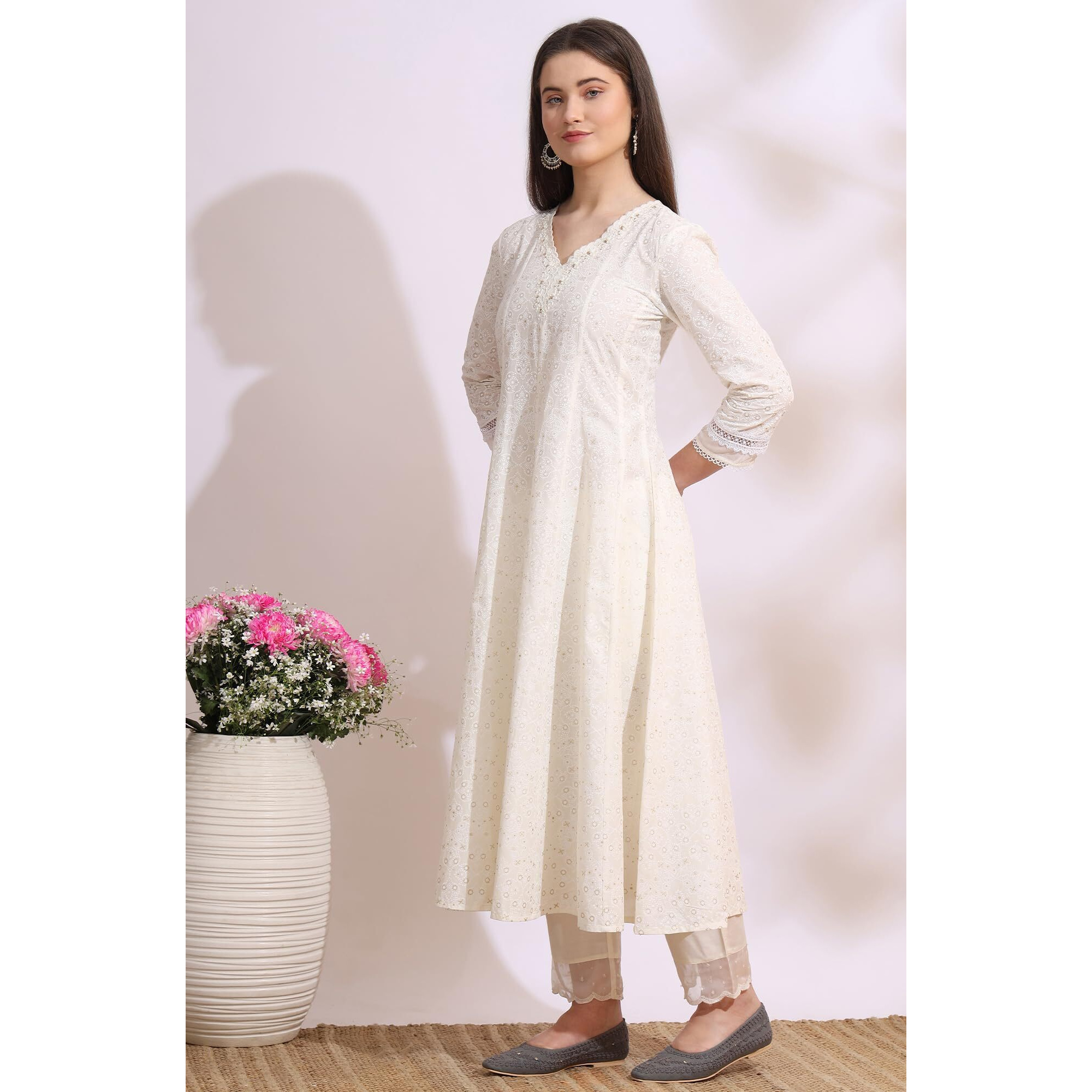 W For Woman White Glitter Printed Pure Cotton Anarkali Kurta With Embroidery (Size 3Xl)-W12342-125234