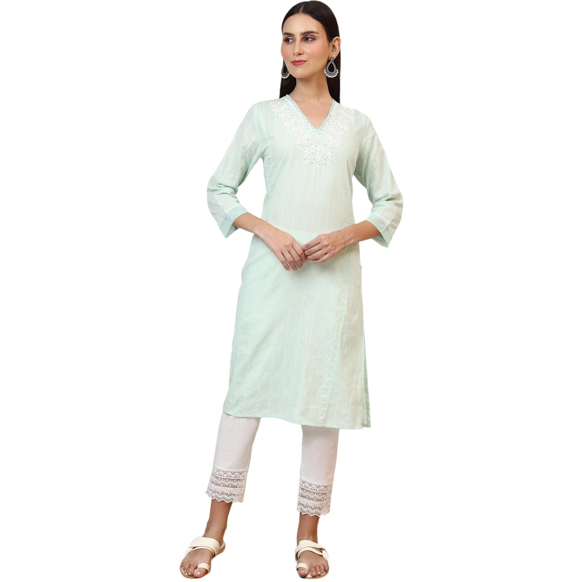 W For Woman Mint Green Embroidered Cotton Lurex Stripes Straight Kurta (Size S)-W12346-223146