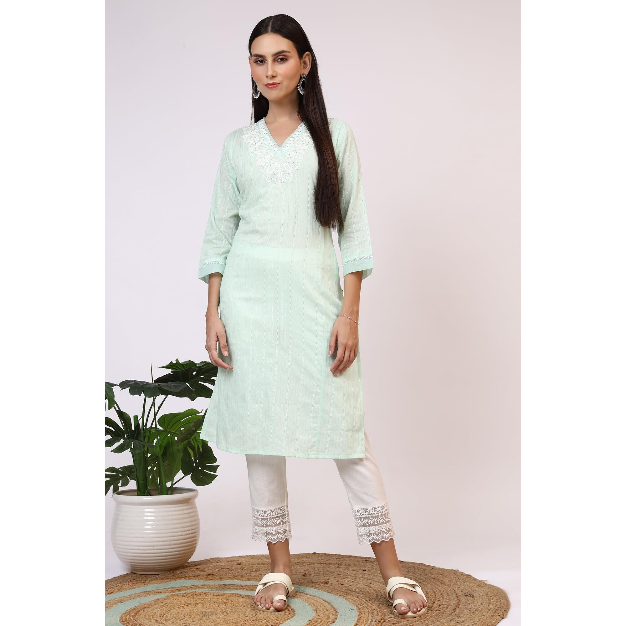 W For Woman Mint Green Embroidered Cotton Lurex Stripes Straight Kurta (Size S)-W12346-223146