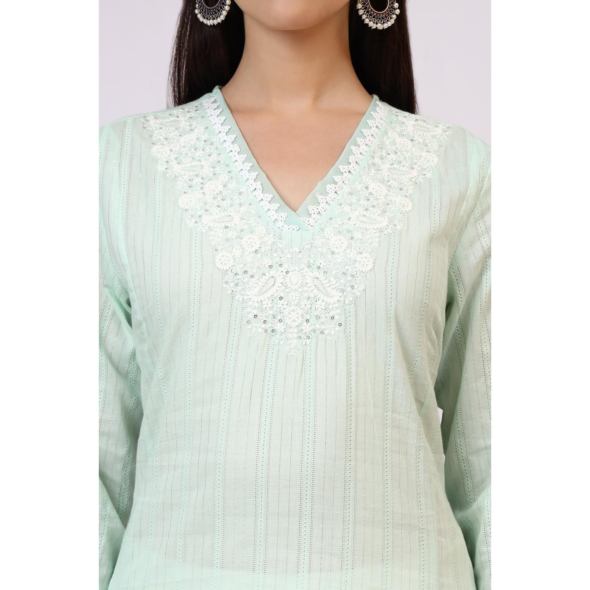 W For Woman Mint Green Embroidered Cotton Lurex Stripes Straight Kurta (Size S)-W12346-223146
