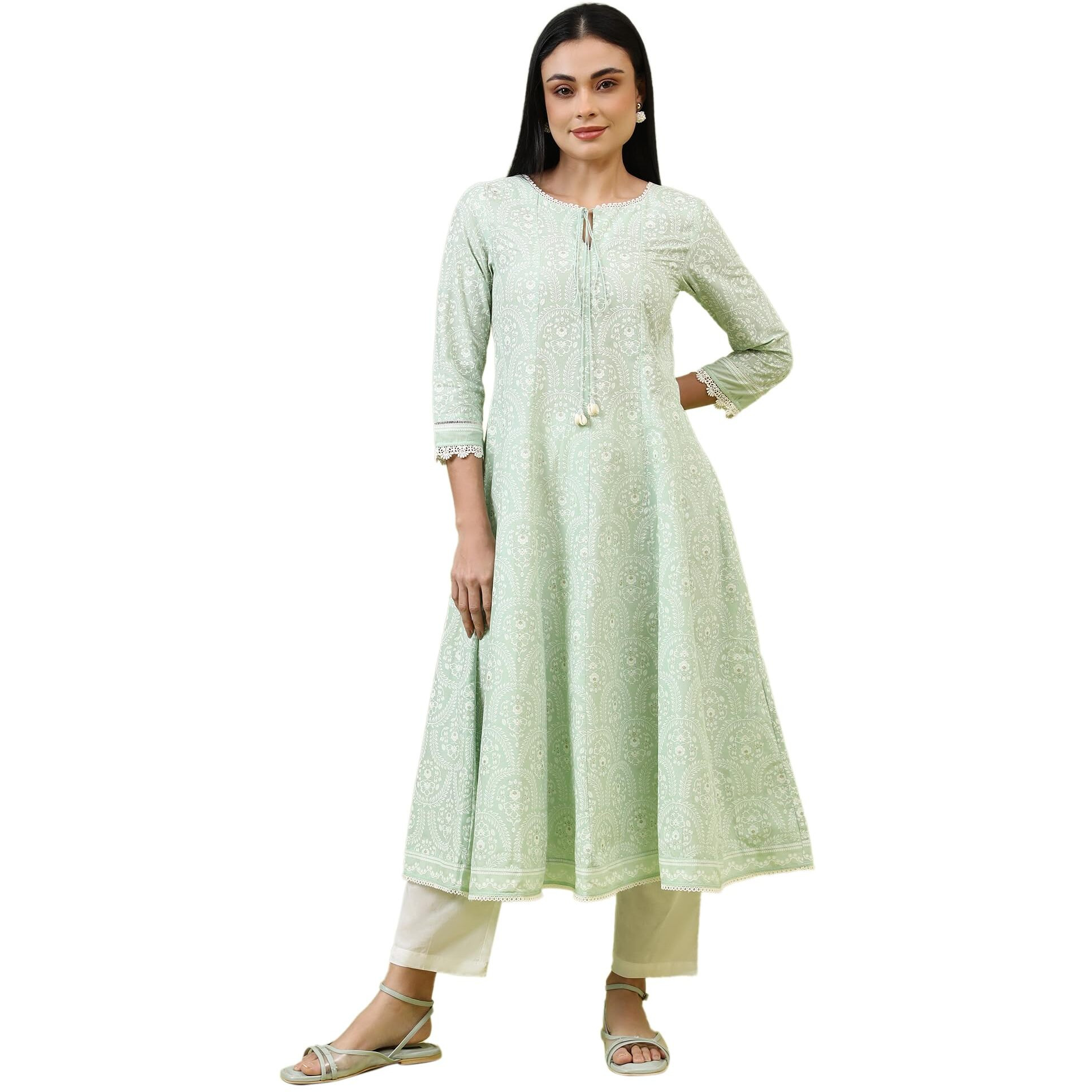 W For Woman Mint Green Floral Printed Pure Cotton Anarkali Kurta (Size Xl)-W12355-125225