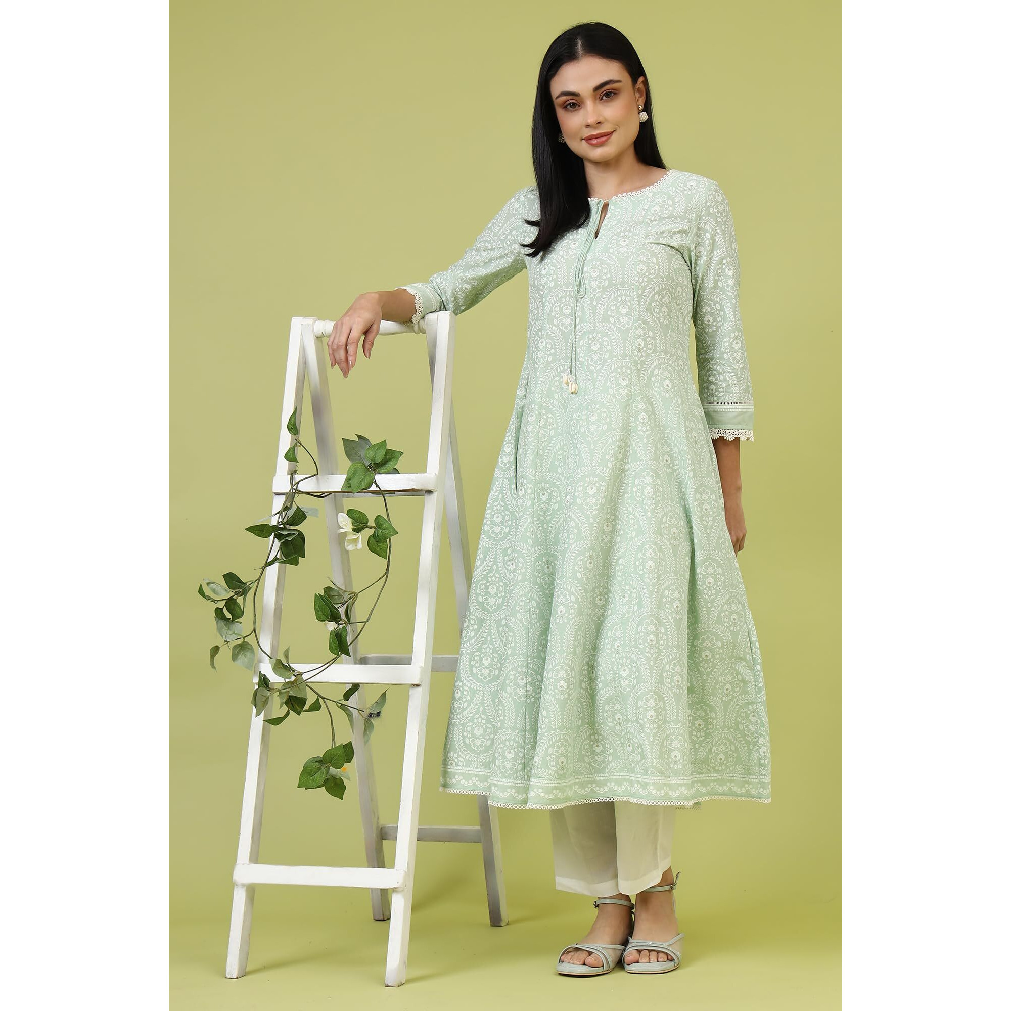 W For Woman Mint Green Floral Printed Pure Cotton Anarkali Kurta (Size Xl)-W12355-125225