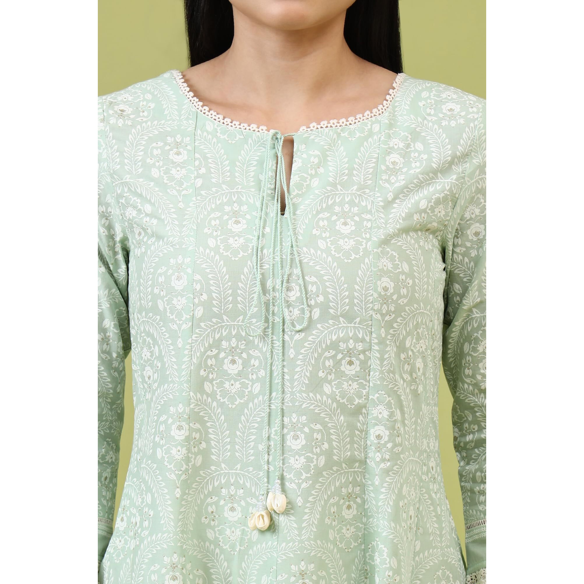 W For Woman Mint Green Floral Printed Pure Cotton Anarkali Kurta (Size Xl)-W12355-125225