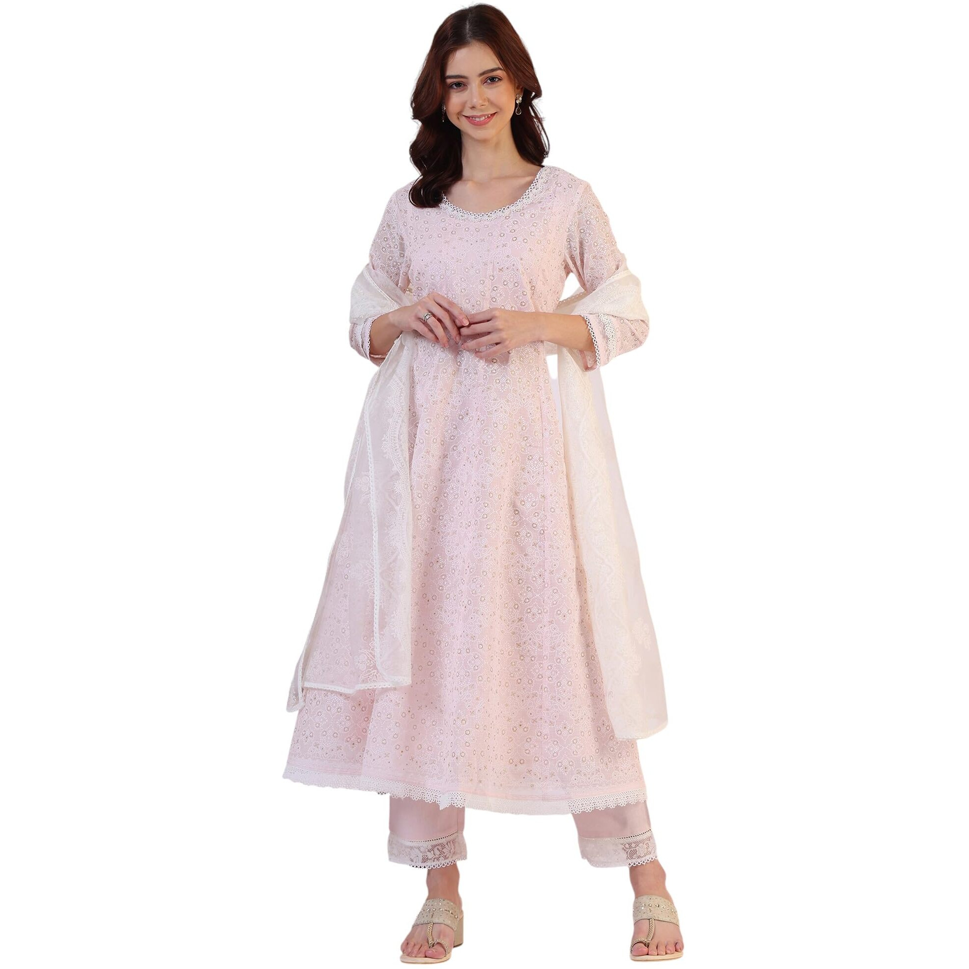 W For Woman Geometric Printed Anarkali Kota Kurta & Straight Pant With Dupatta Set (Size L)-Ws12341-125219