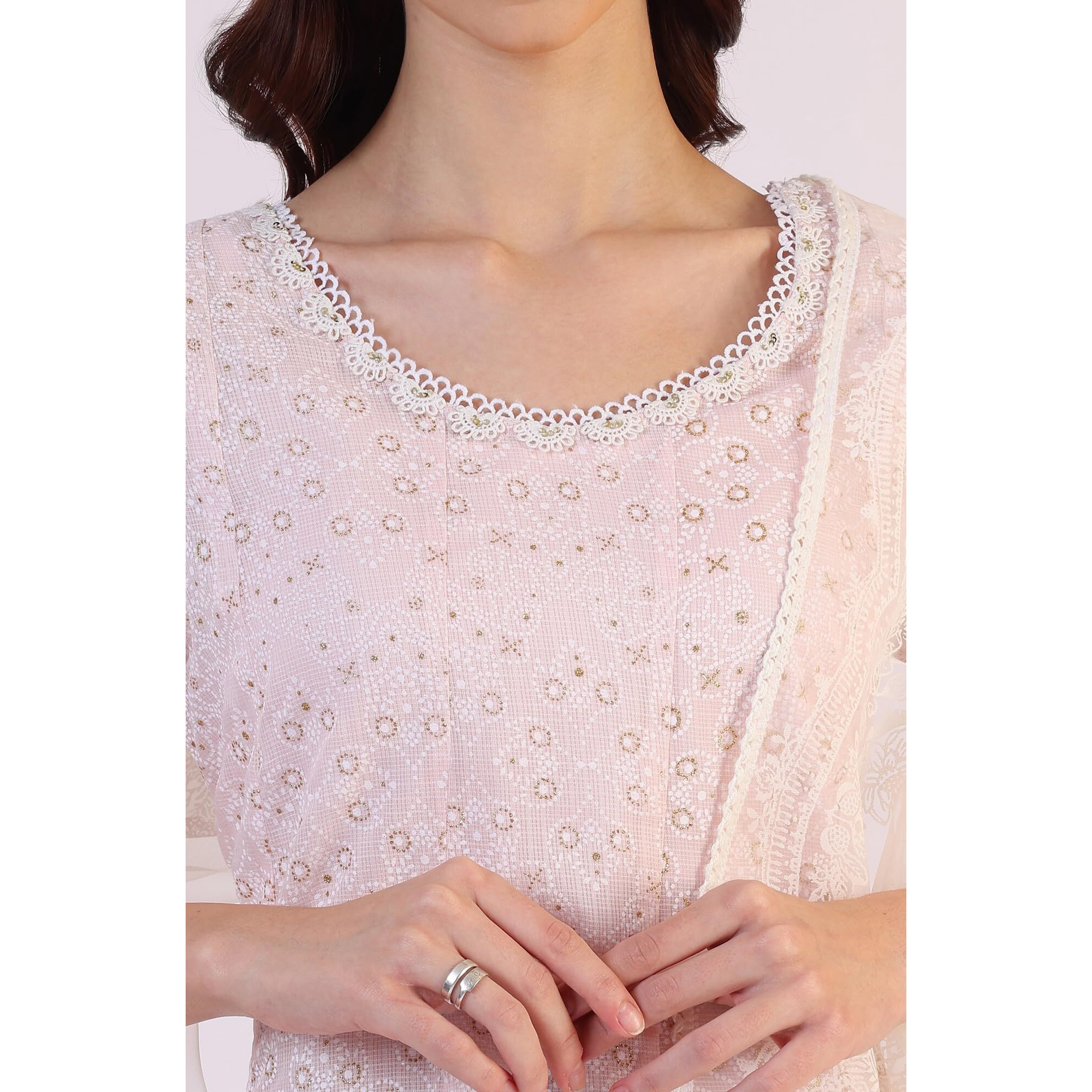 W For Woman Geometric Printed Anarkali Kota Kurta & Straight Pant With Dupatta Set (Size L)-Ws12341-125219