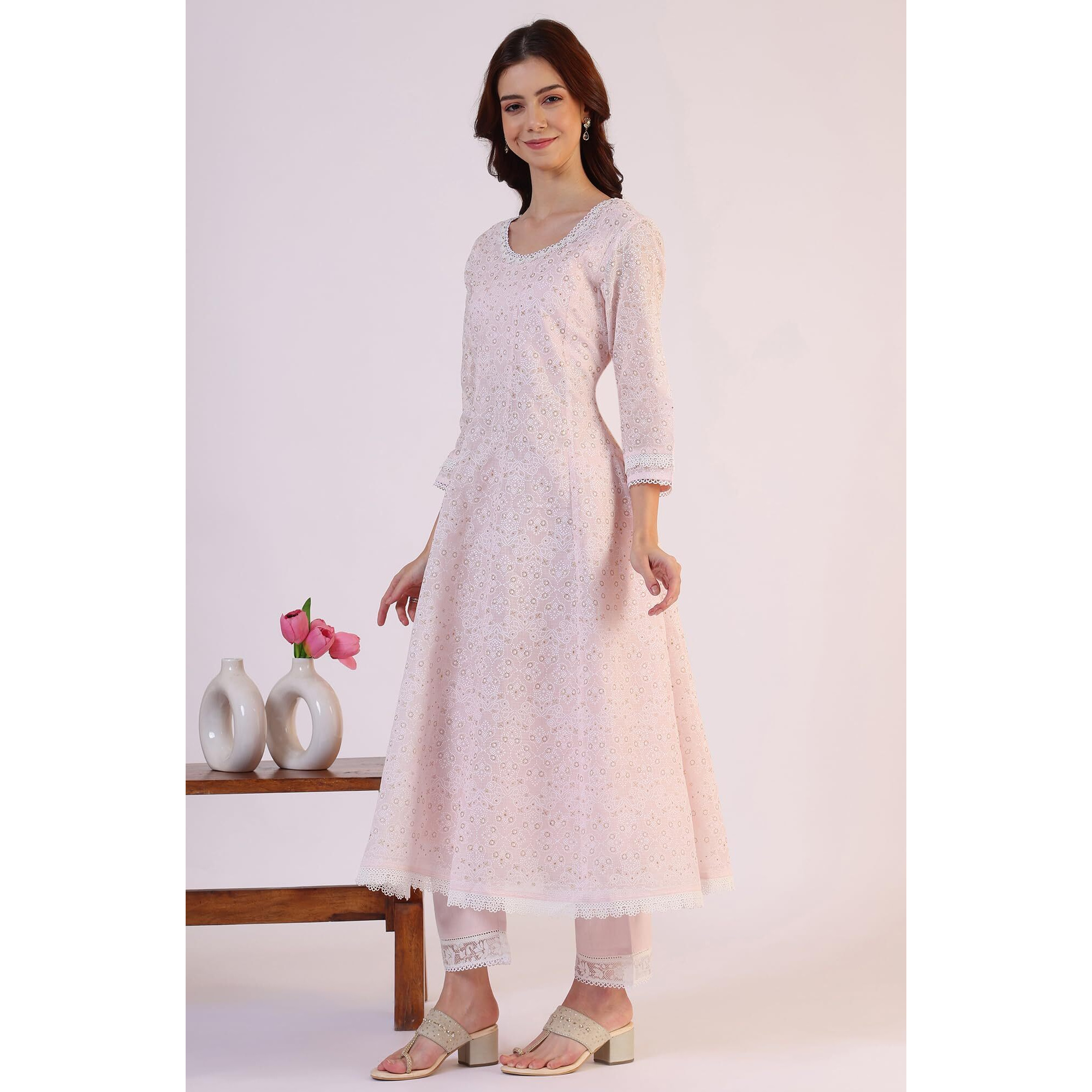 W For Woman Geometric Printed Anarkali Kota Kurta & Straight Pant With Dupatta Set (Size L)-Ws12341-125219