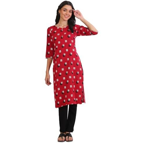 Aurelia Women's Red Yarn Dyed Cotton Blend Straight Kurta (Size Xl)-A15641-705505