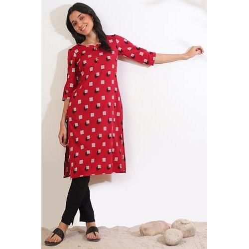 Aurelia Women's Red Yarn Dyed Cotton Blend Straight Kurta (Size Xl)-A15641-705505