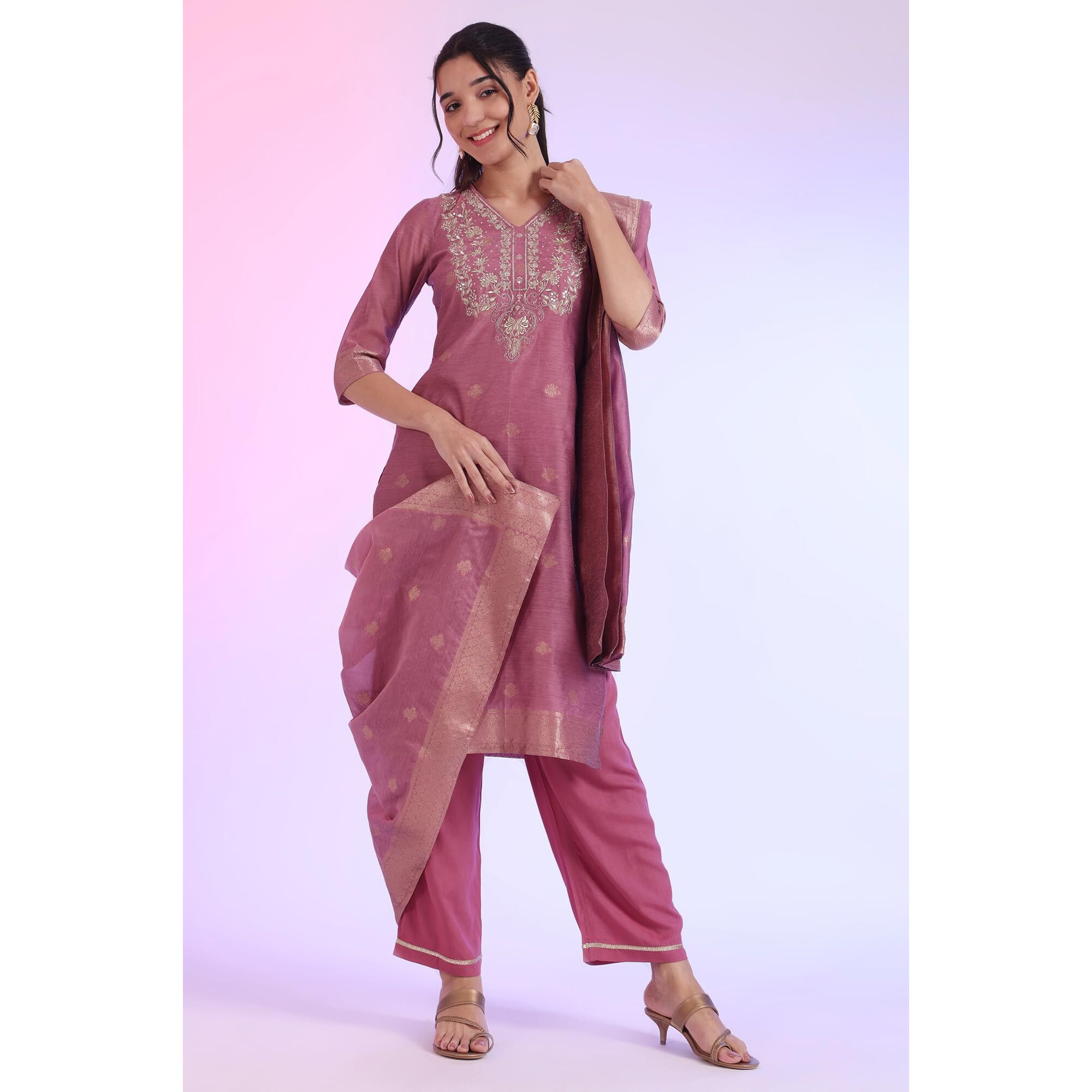 Aurelia Women's Purple Yarn Dyed Straight Kurta With Palazzos & Dupatta Set (Size 2Xl)-As15762-705620