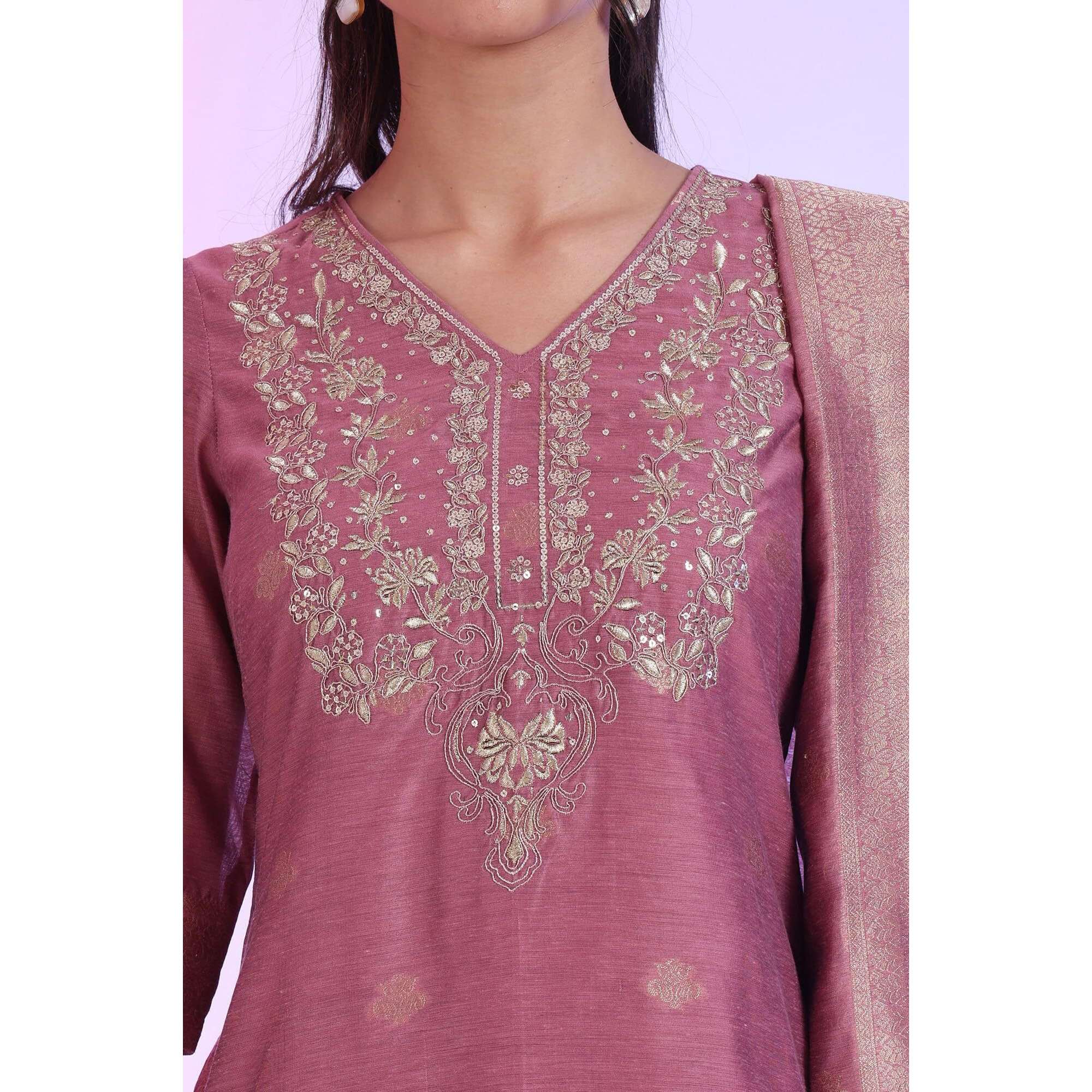 Aurelia Women's Purple Yarn Dyed Straight Kurta With Palazzos & Dupatta Set (Size 2Xl)-As15762-705620