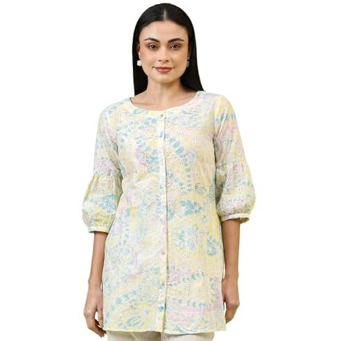 W For Woman Light Yellow Floral Printed Schiffli Embroidered Fusion Top (Size Xl)-W31231-400806