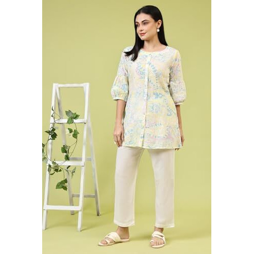 W For Woman Light Yellow Floral Printed Schiffli Embroidered Fusion Top (Size Xl)-W31231-400806